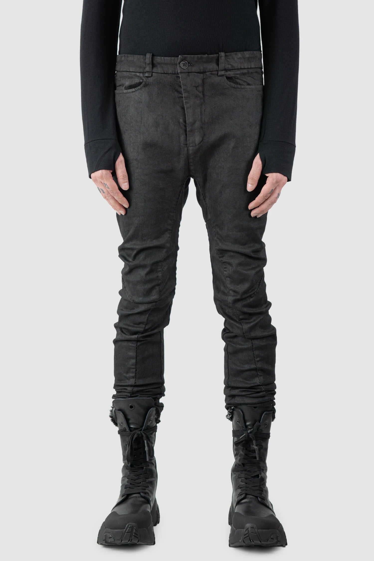 Masnada – Men's Black Waxed Curved Seam Denim Jeans - model front view Masnada – Men's Black Waxed Curved Seam Denim Jeans - model front view