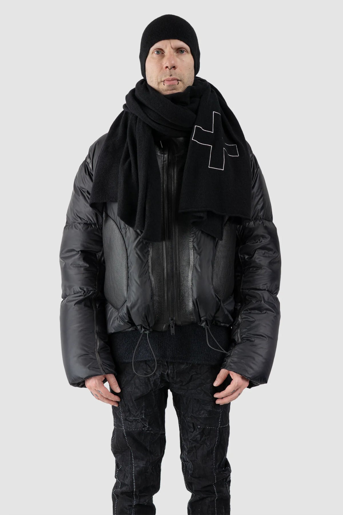 MD75 - Men's Black Cashmere Blend Scarf with Embroidered Logo - model front body view MD75 - Men's Black Cashmere Blend Scarf with Embroidered Logo - model front body view
