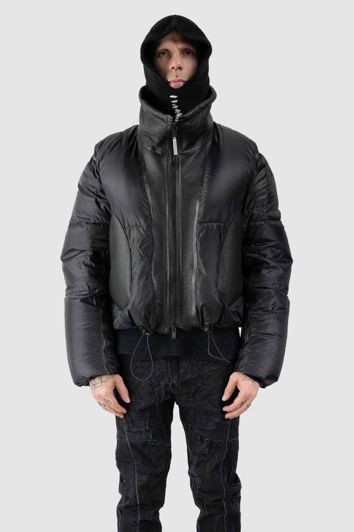 MD75 - Men's Black Cashmere Silk Embroidered Knit Balaclava Hood - model front body view MD75 - Men's Black Cashmere Silk Embroidered Knit Balaclava Hood - model front body view