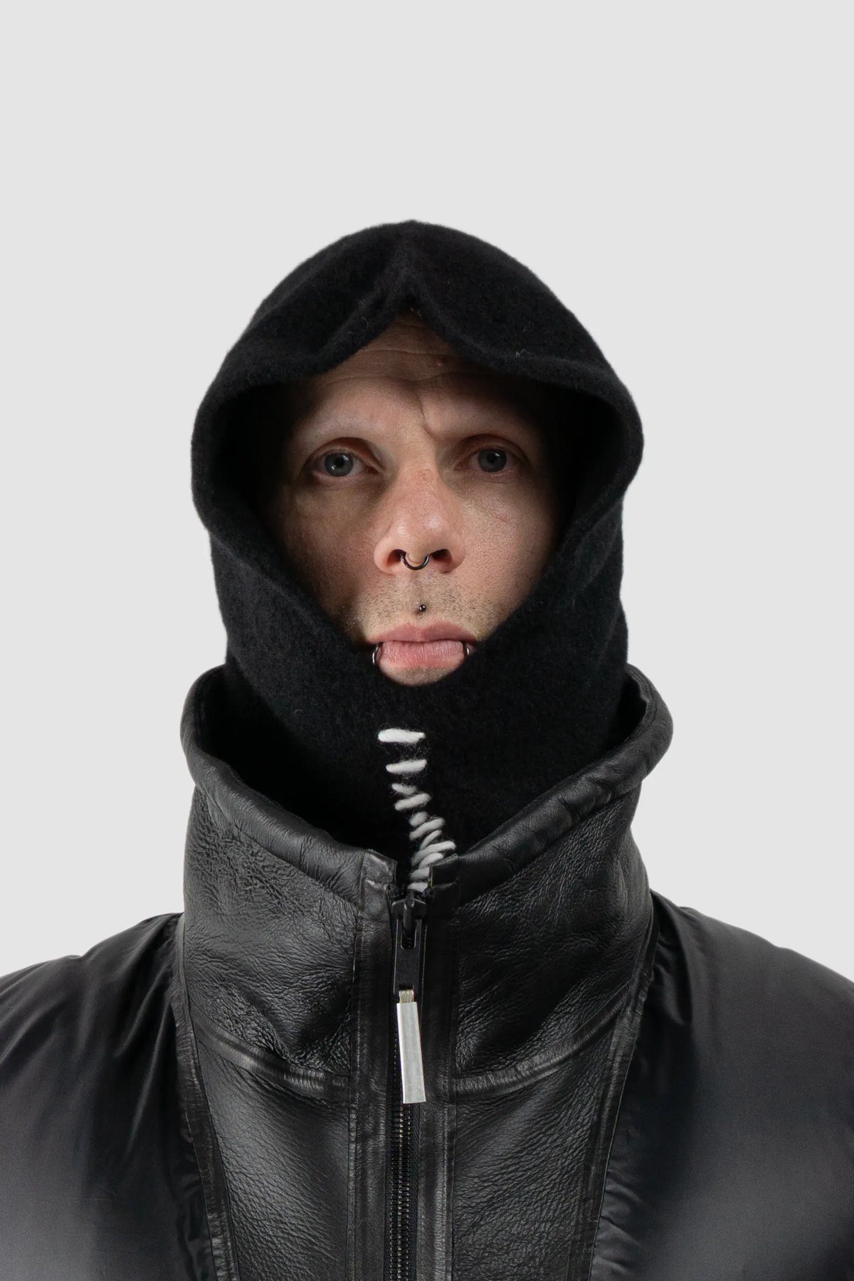 MD75 - Men's Black Cashmere Silk Embroidered Knit Balaclava Hood - model front view - MONO-KROM | Gallery MD75 - Men's Black Cashmere Silk Embroidered Knit Balaclava Hood - model front view - MONO-KROM | Gallery