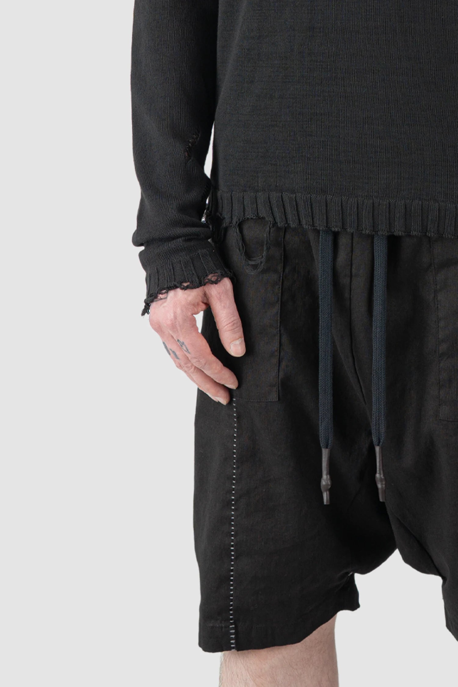 MD75 - Men’s Black Destroyed Cotton Knit Sweater front detail view