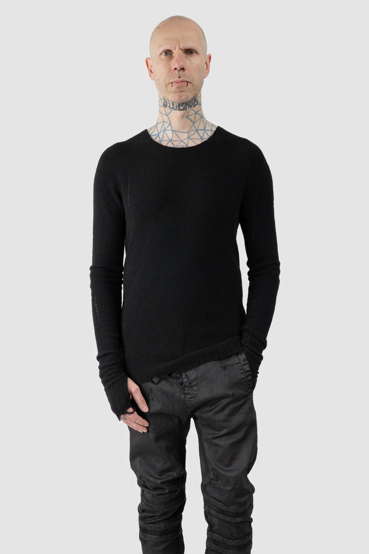 MD75 - Men's Black Distressed Wool Silk Knit Sweater - model relaxed view MD75 - Men's Black Distressed Wool Silk Knit Sweater - model relaxed view