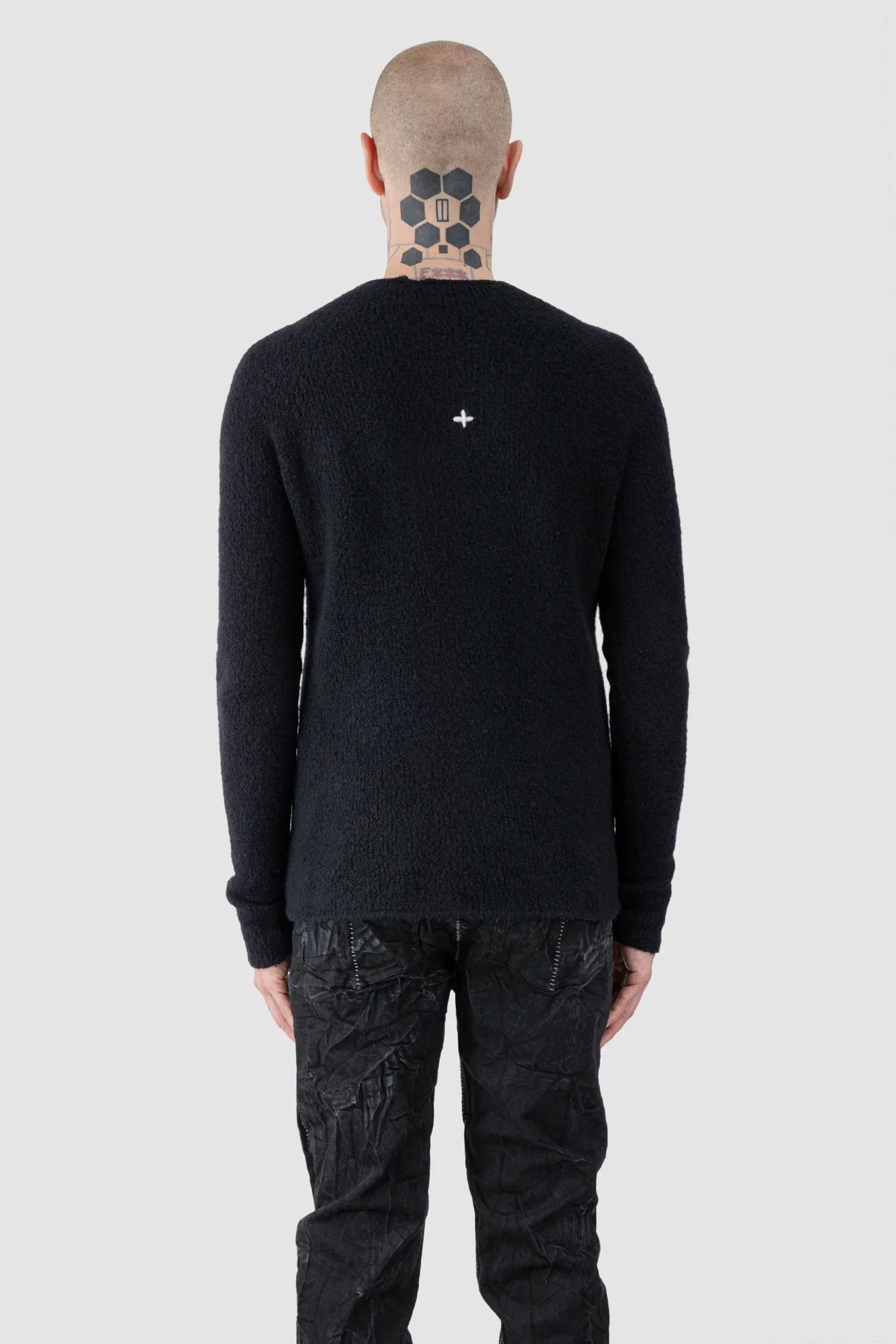 MD75 - Men's Black Heavy Wool Knit Sweater with Cross Detail - model back view MD75 - Men's Black Heavy Wool Knit Sweater with Cross Detail - model back view