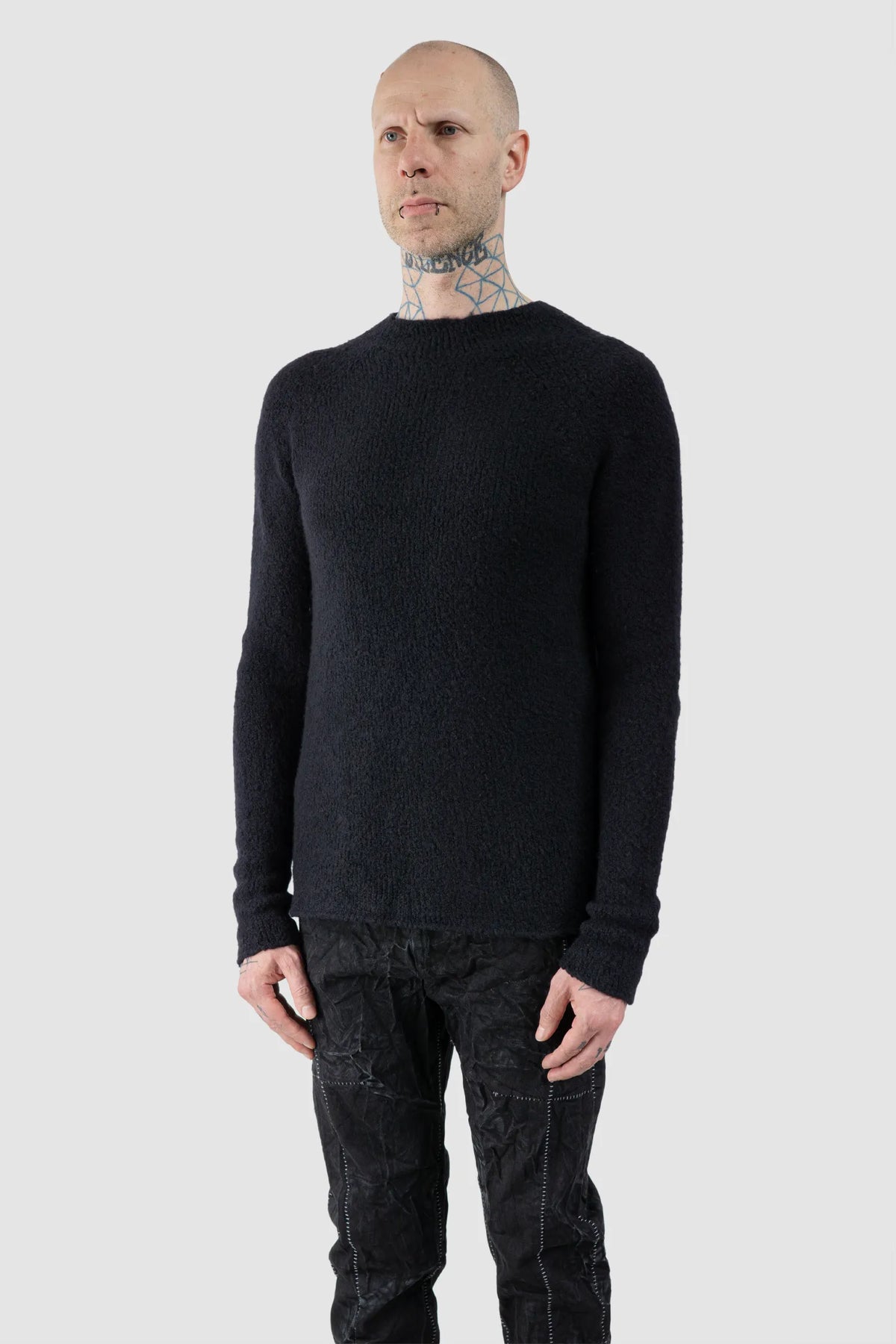MD75 - Men's Black Heavy Wool Knit Sweater with Cross Detail - model front side view MD75 - Men's Black Heavy Wool Knit Sweater with Cross Detail - model front side view
