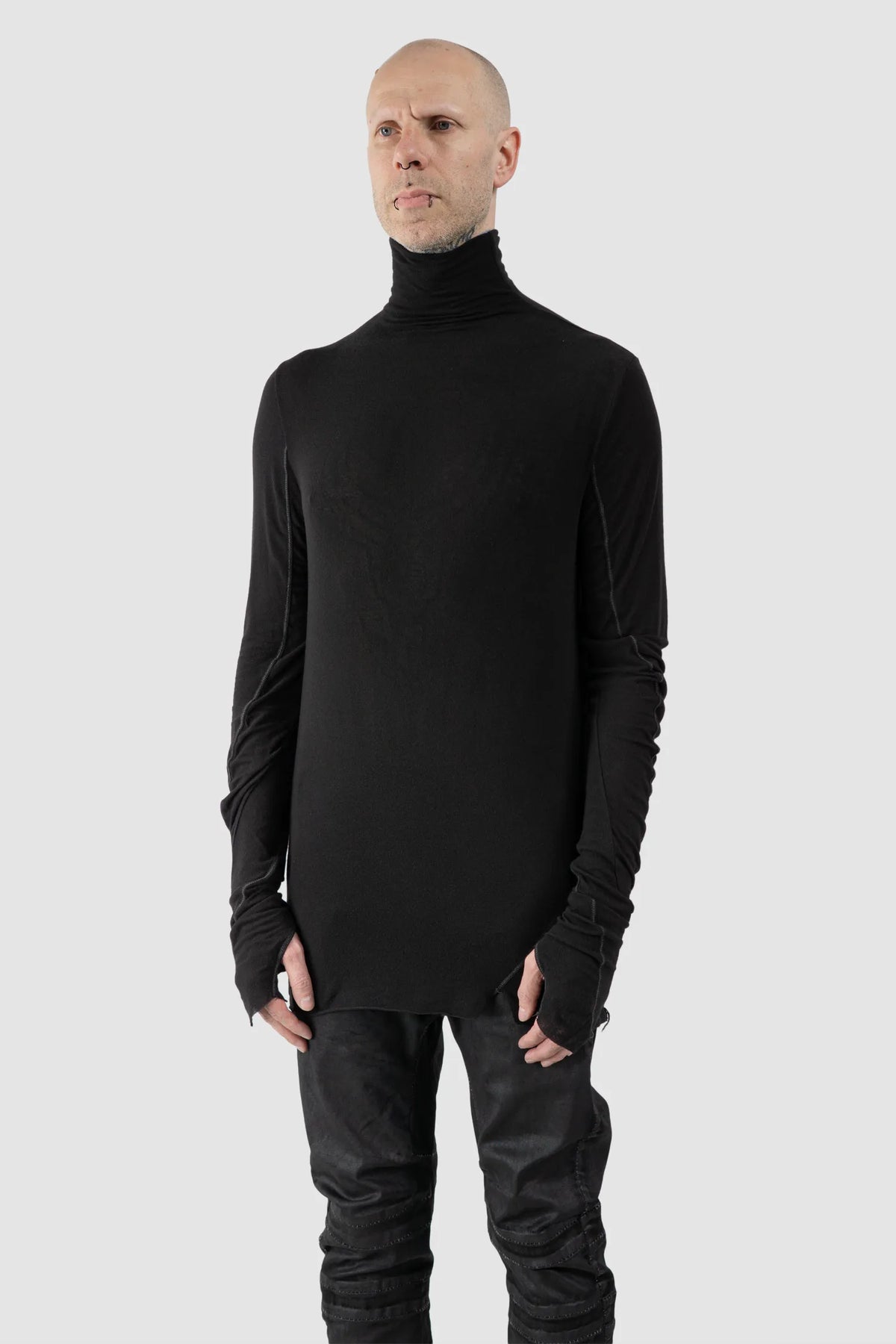 MD75 - Men's Black Lightweight Modal Cashmere High Neck Sweater - model front side view - MONO-KROM | Gallery MD75 - Men's Black Lightweight Modal Cashmere High Neck Sweater - model front side view - MONO-KROM | Gallery