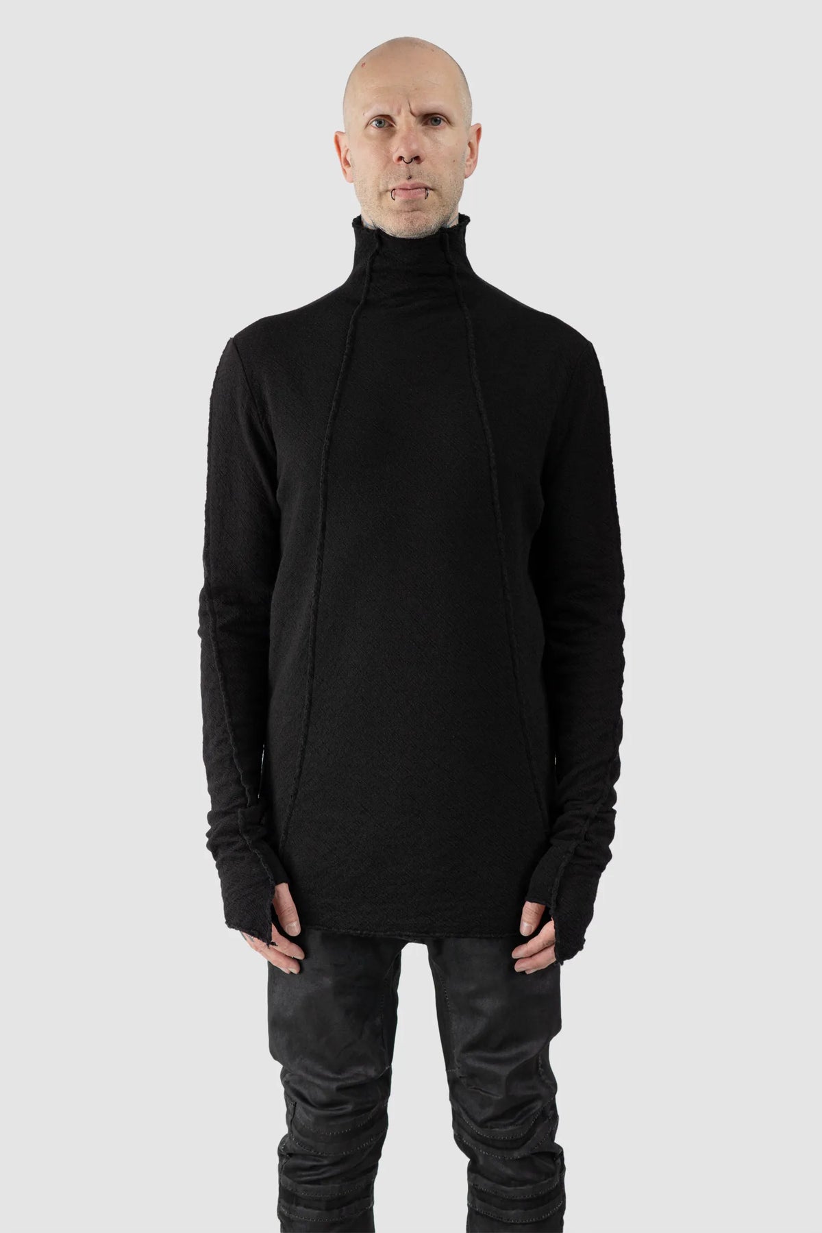 MD75 - Men's Black Reversible Double Layer Cotton Wool Sweater - model front view - MONO-KROM | Gallery MD75 - Men's Black Reversible Double Layer Cotton Wool Sweater - model front view - MONO-KROM | Gallery