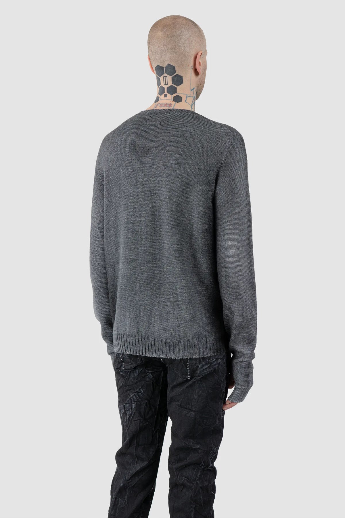 MD75 - Men's Grey & Black Spray Wool Knit Sweater with Scar Detail - Model back side view MD75 - Men's Grey & Black Spray Wool Knit Sweater with Scar Detail - Model back side view