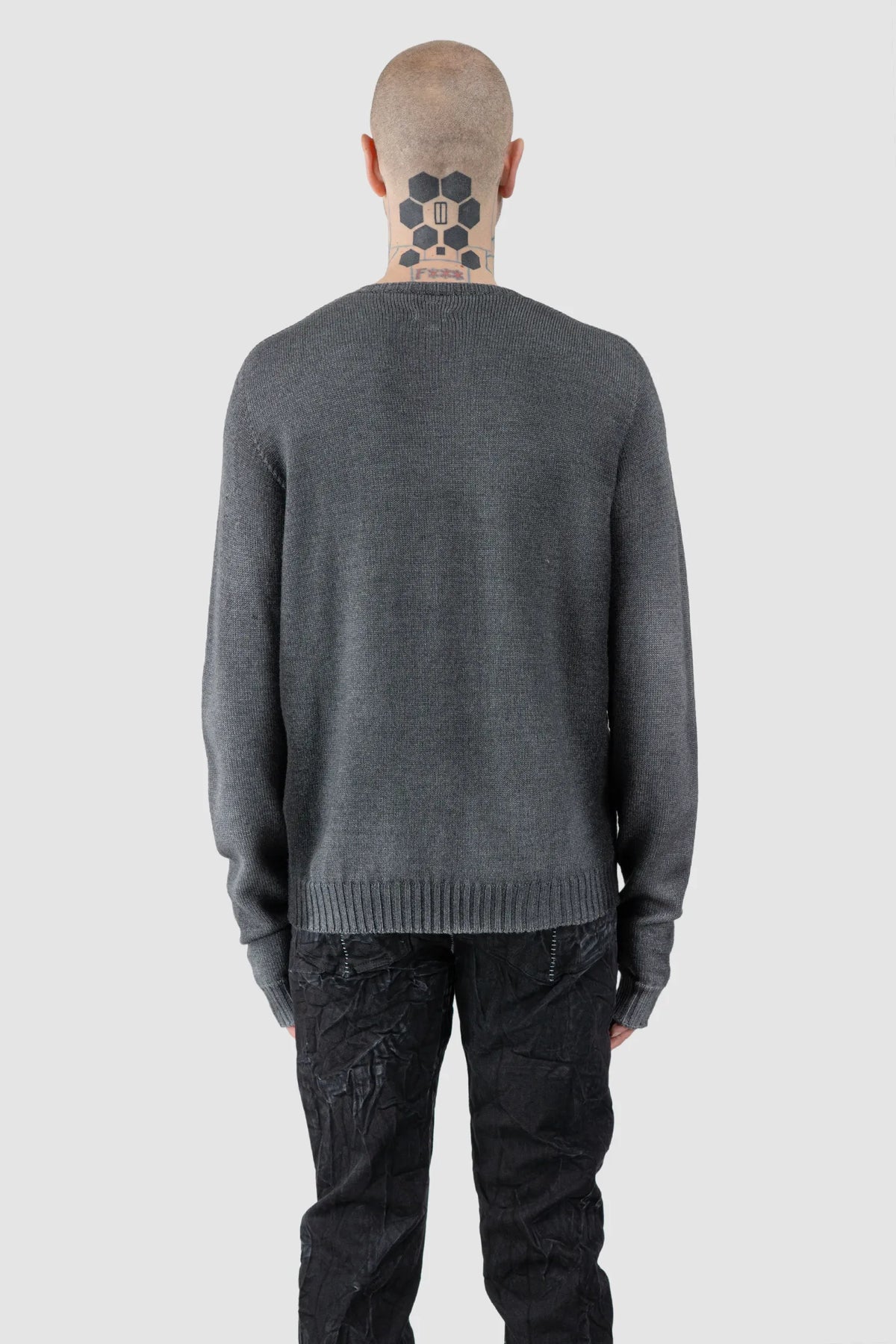 MD75 - Men's Grey & Black Spray Wool Knit Sweater with Scar Detail - Model back view MD75 - Men's Grey & Black Spray Wool Knit Sweater with Scar Detail - Model back view