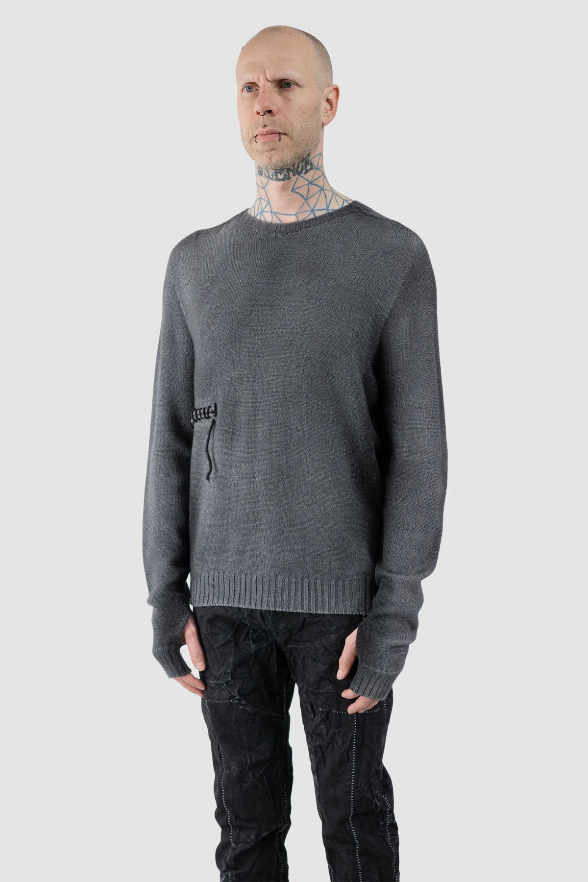 MD75 - Men's Grey & Black Spray Wool Knit Sweater with Scar Detail - model front side view - MONO-KROM | Gallery MD75 - Men's Grey & Black Spray Wool Knit Sweater with Scar Detail - model front side view - MONO-KROM | Gallery