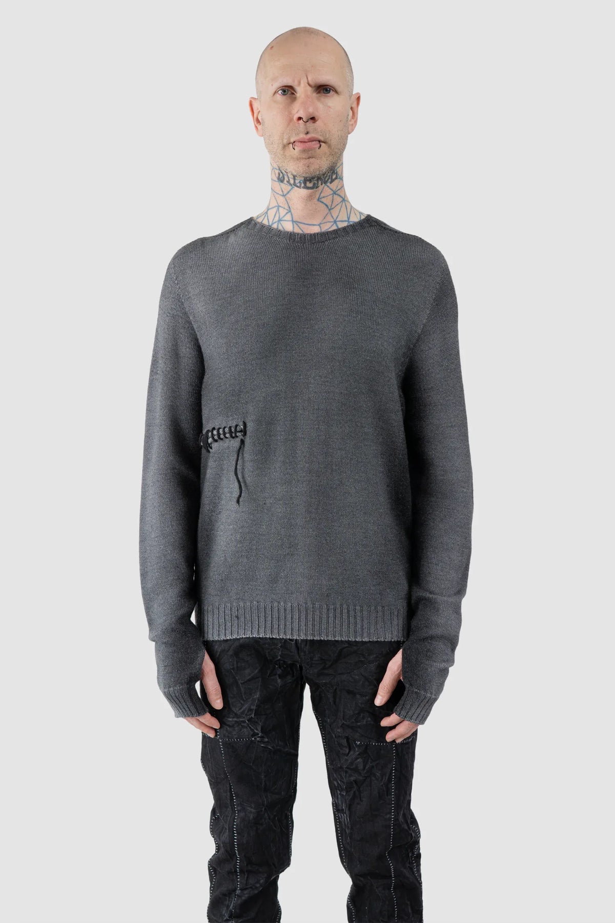 MD75 - Men's Grey & Black Spray Wool Knit Sweater with Scar Detail - model front view - MONO-KROM | Gallery MD75 - Men's Grey & Black Spray Wool Knit Sweater with Scar Detail - model front view - MONO-KROM | Gallery