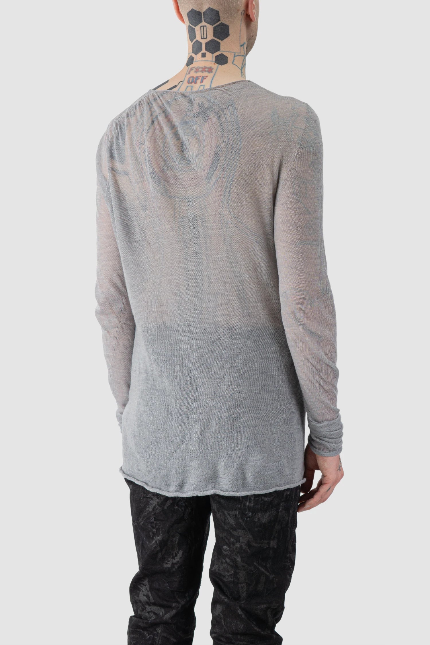 MD75 - model back side view of men’s Grey Knitted Thin Wool Long Sleeve Sweater
