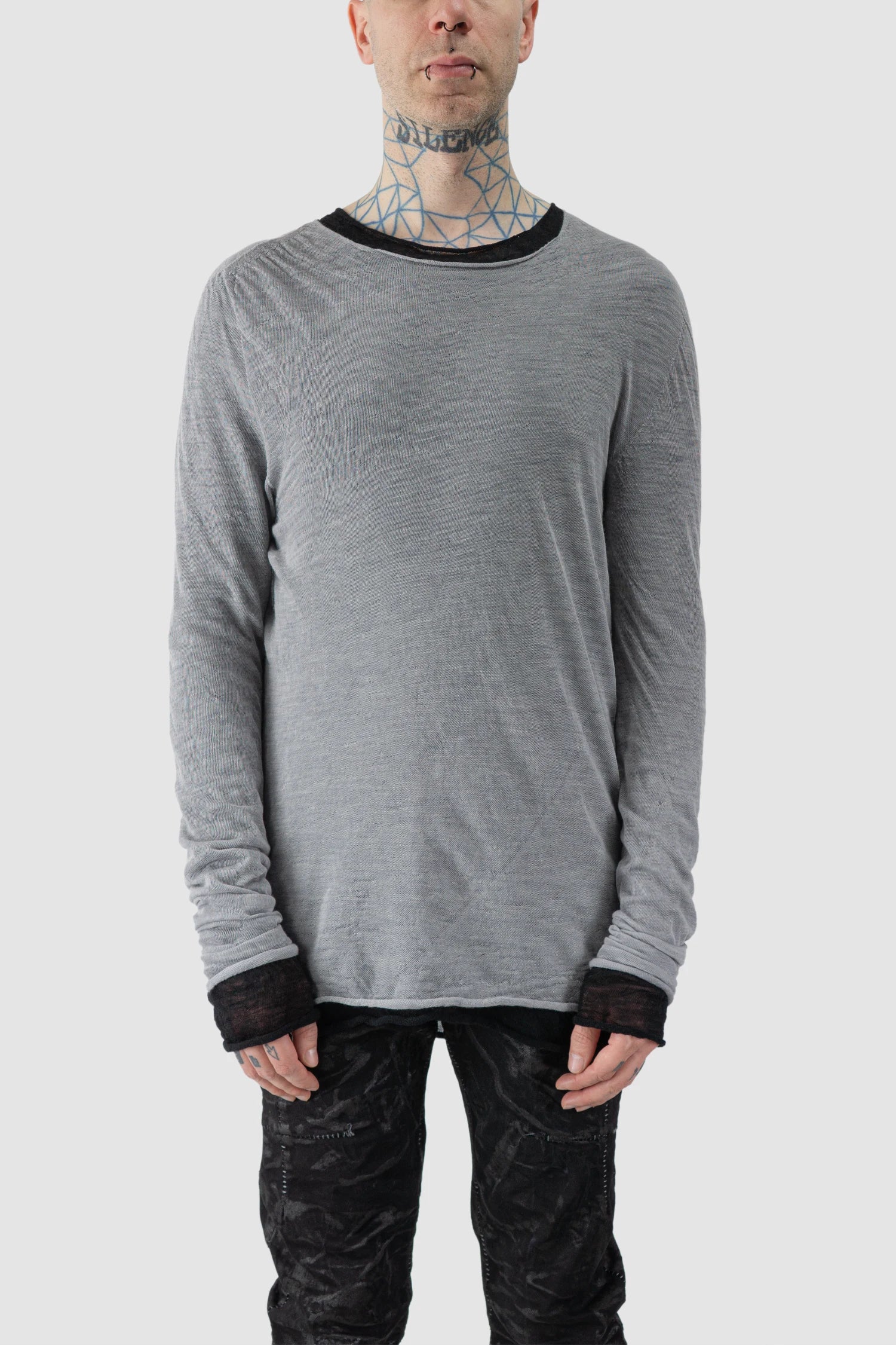 MD75 - model front style variation view of men’s Grey Knitted Thin Wool Long Sleeve Sweater