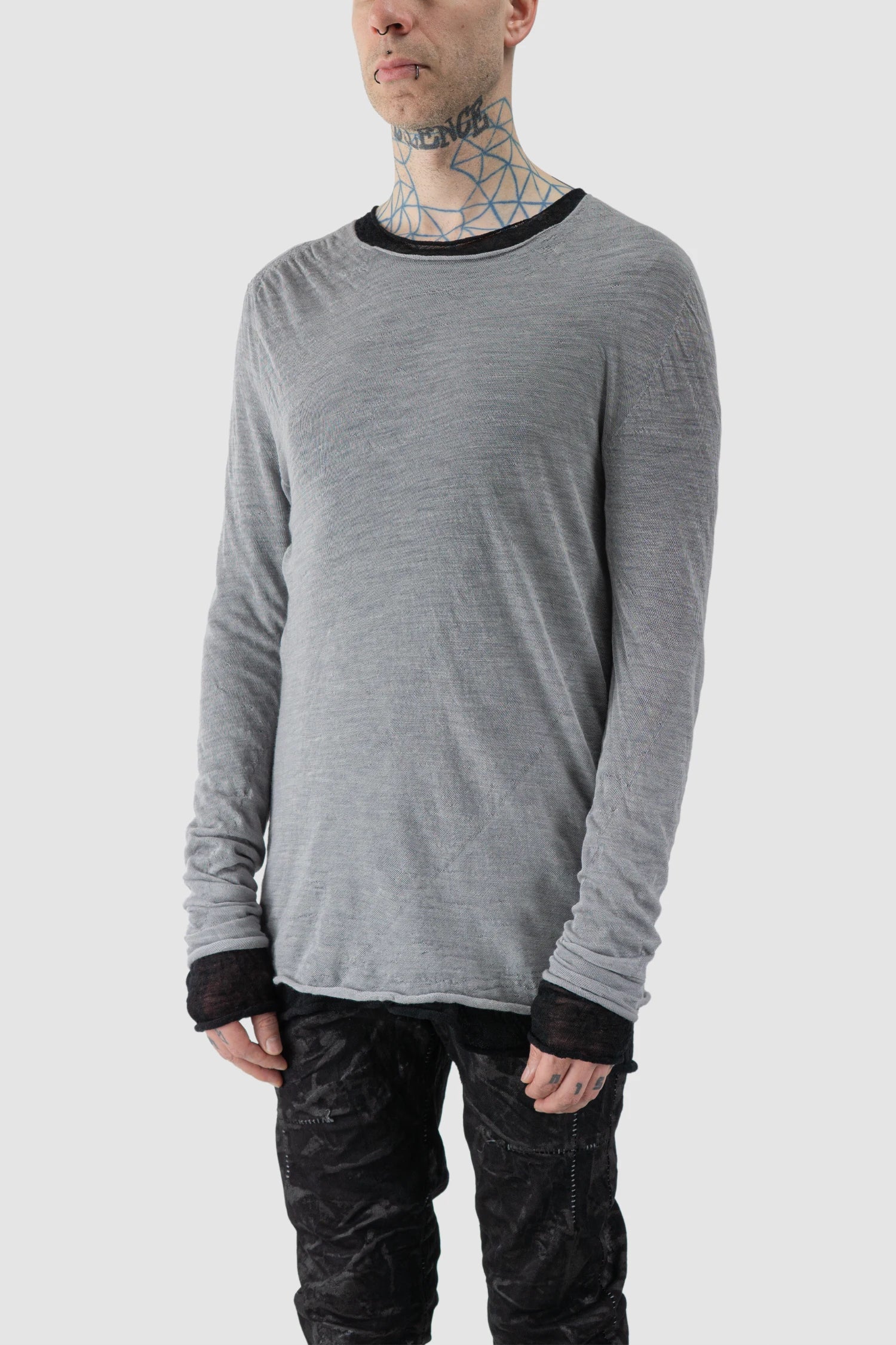 MD75 - model front side style variation view of men’s Grey Knitted Thin Wool Long Sleeve Sweater
