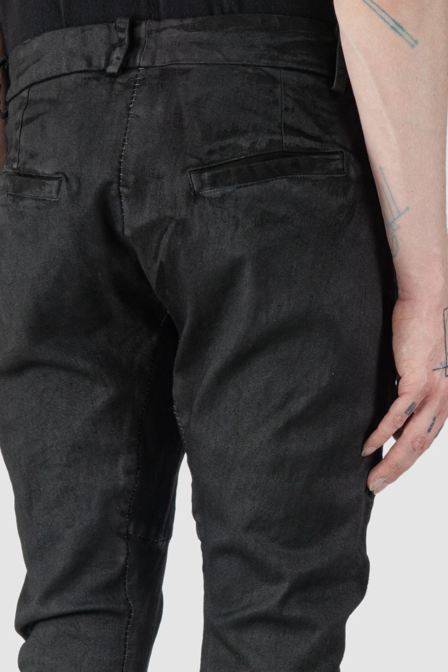 MD75 - back pocket view of men’s Black Irregular Heavy Waxed Denim Jeans