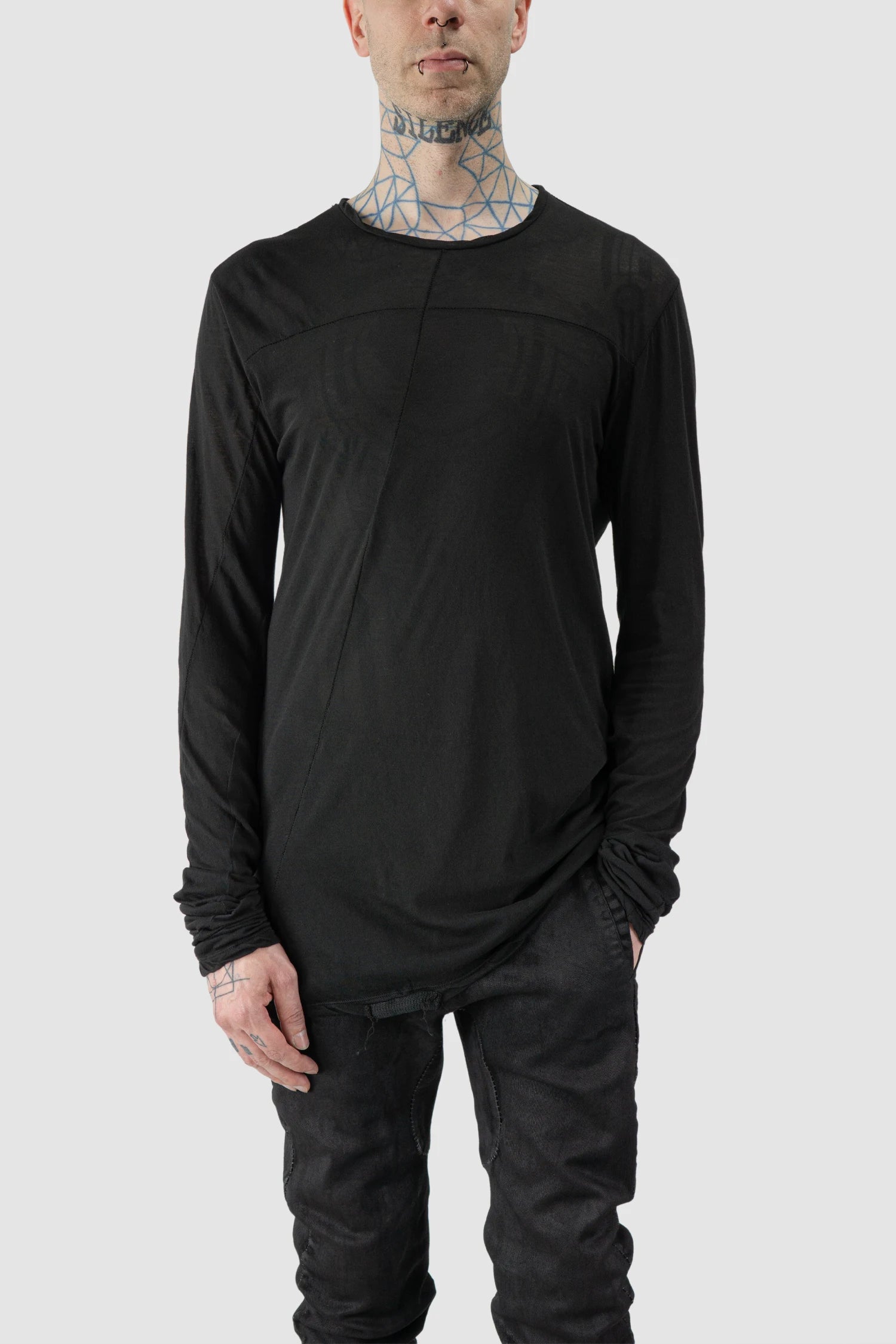 MD75 - model front relaxed view of men’s Black Thin Twisted Cotton Long Sleeve T-Shirt