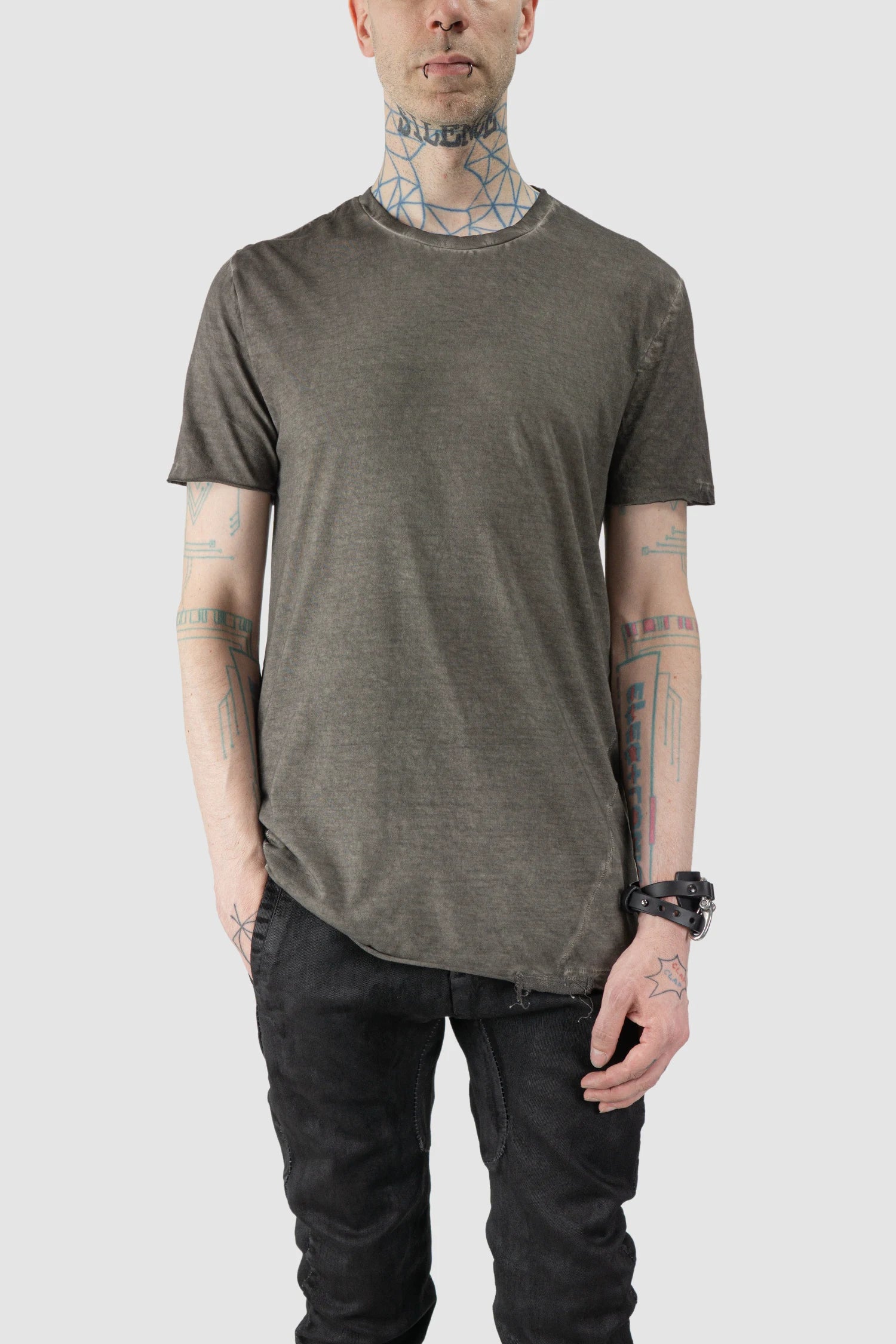 MD75 - model front relaxed view of men’s Grey Irregular Dyed Short Sleeve Cotton T-Shirt