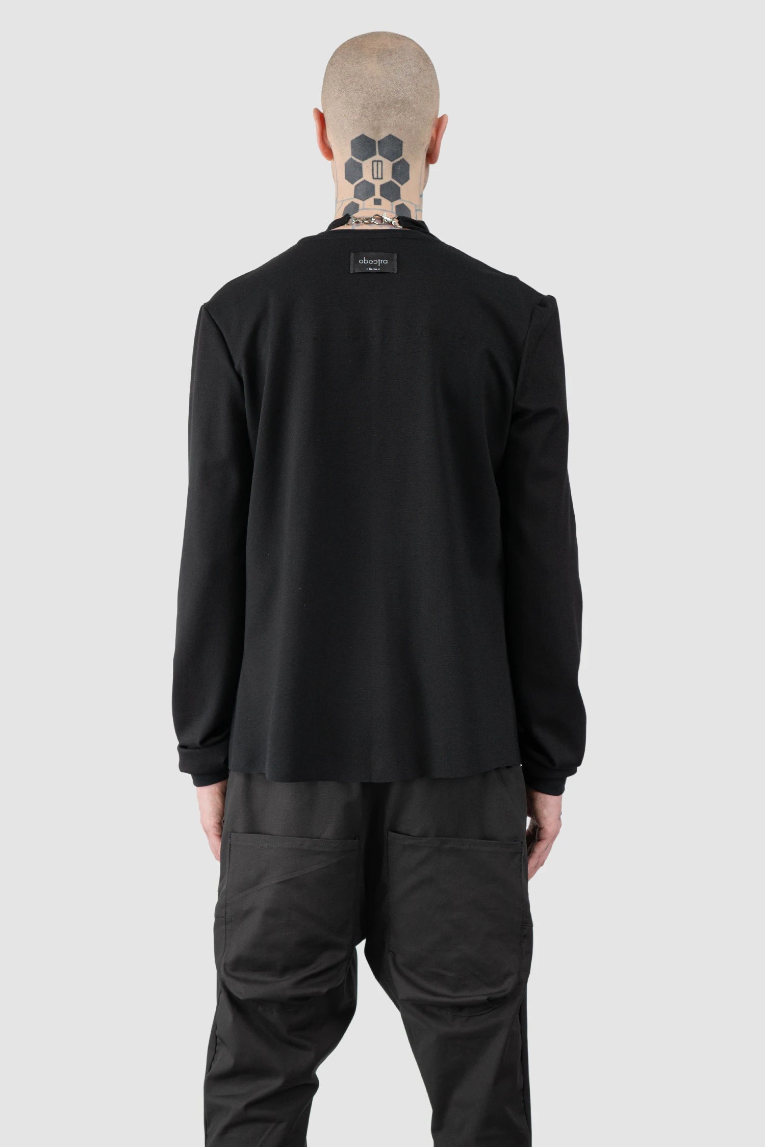 Obectra - Men’s Black Adjustable Clip Viscose Cardigan Sweater model back wrapped view