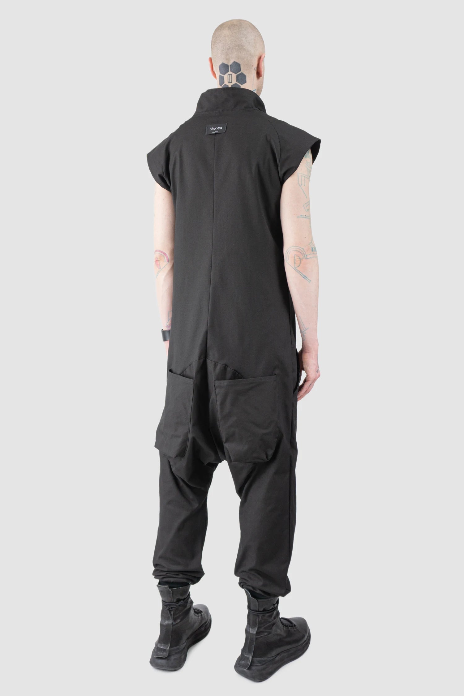 Obectra - Men’s Black Cotton Blend Sleeveless Jumpsuit with Zipper model back side view