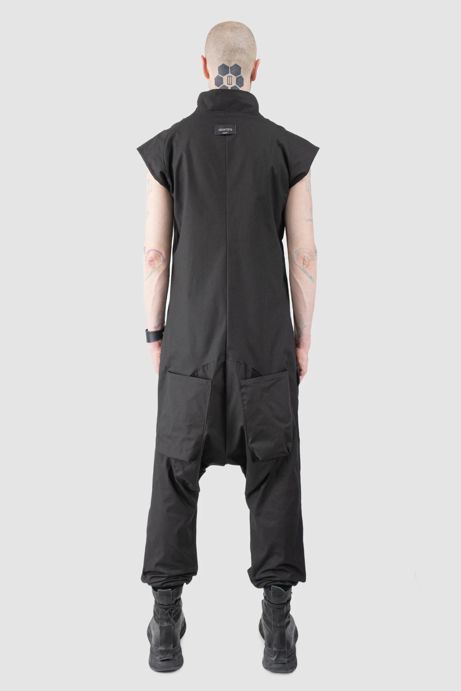 Obectra - Men’s Black Cotton Blend Sleeveless Jumpsuit with Zipper model back view