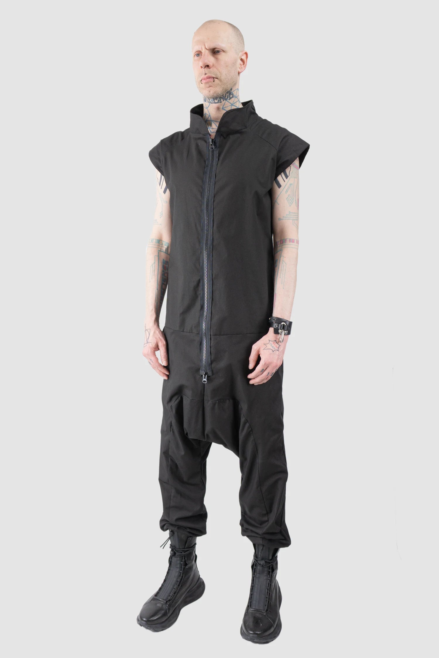 Obectra - Men’s Black Cotton Blend Sleeveless Jumpsuit with Zipper model front side view
