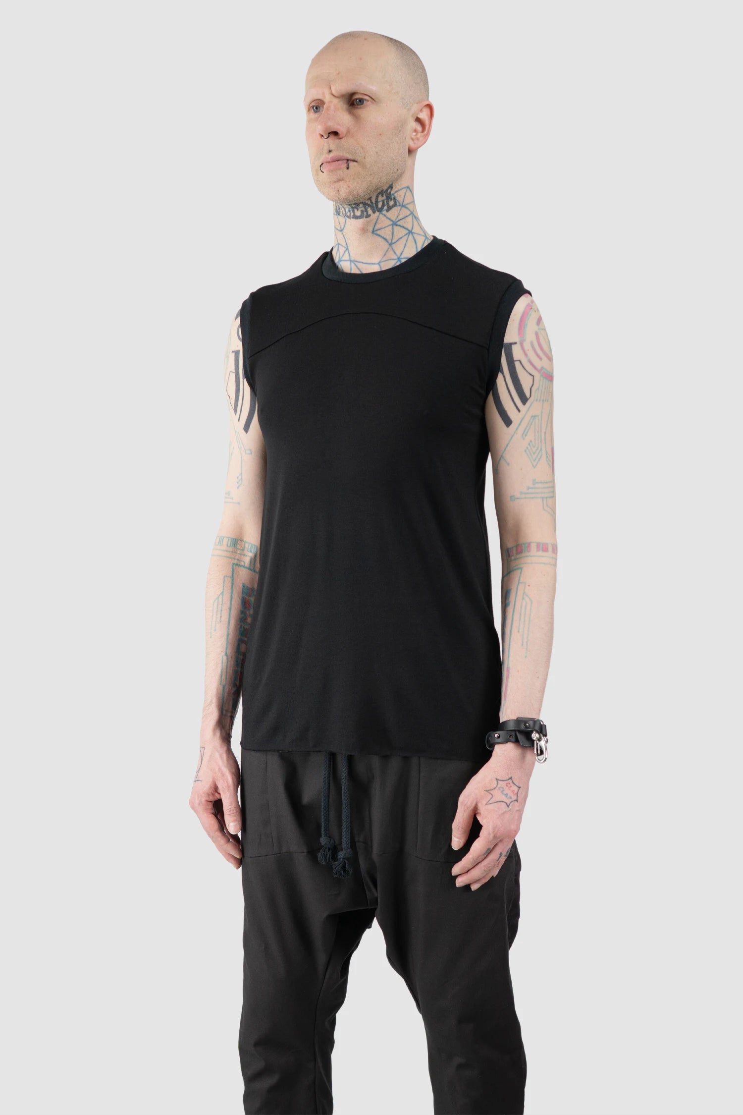 Obectra - Men’s Black Viscose Blend Line Tank Top model front side view
