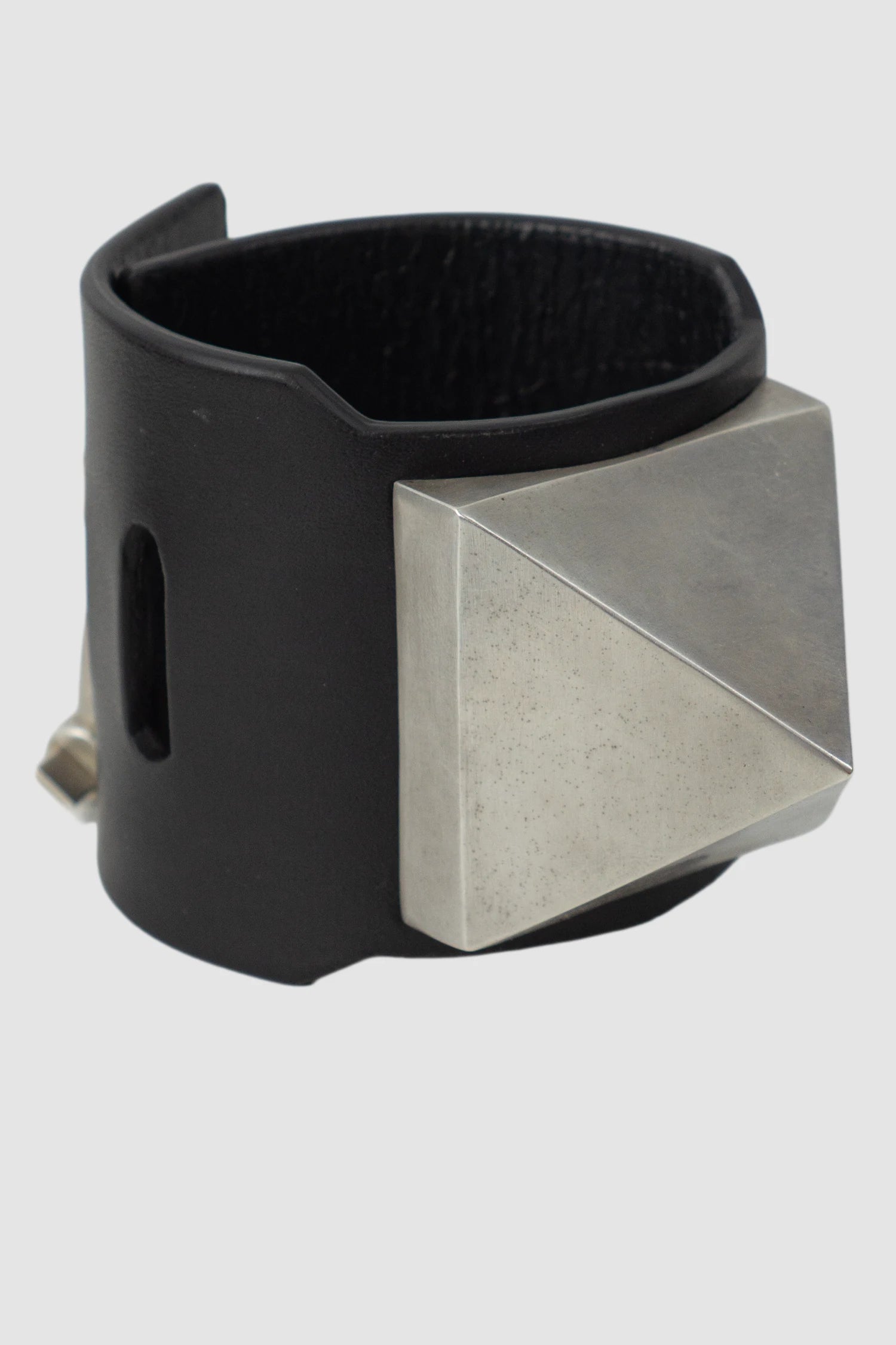 Parts of Four - Black Leather Silver Plated Mega Pyramid Bracelet 70 mm - front right view - MONO-KROM Gallery Parts of Four - Black Leather Silver Plated Mega Pyramid Bracelet 70 mm - front right view - MONO-KROM Gallery