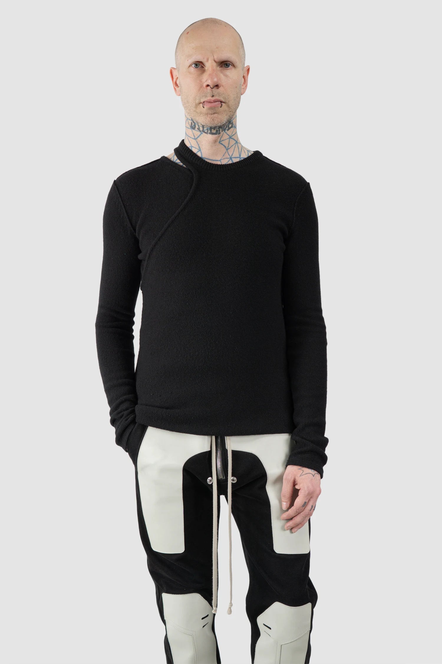 Rick Owens - Black Cashmere Banana Ziggy Knit Sweater FW20 "Performa" - model relaxed view Rick Owens - Black Cashmere Banana Ziggy Knit Sweater FW20 "Performa" - model relaxed view