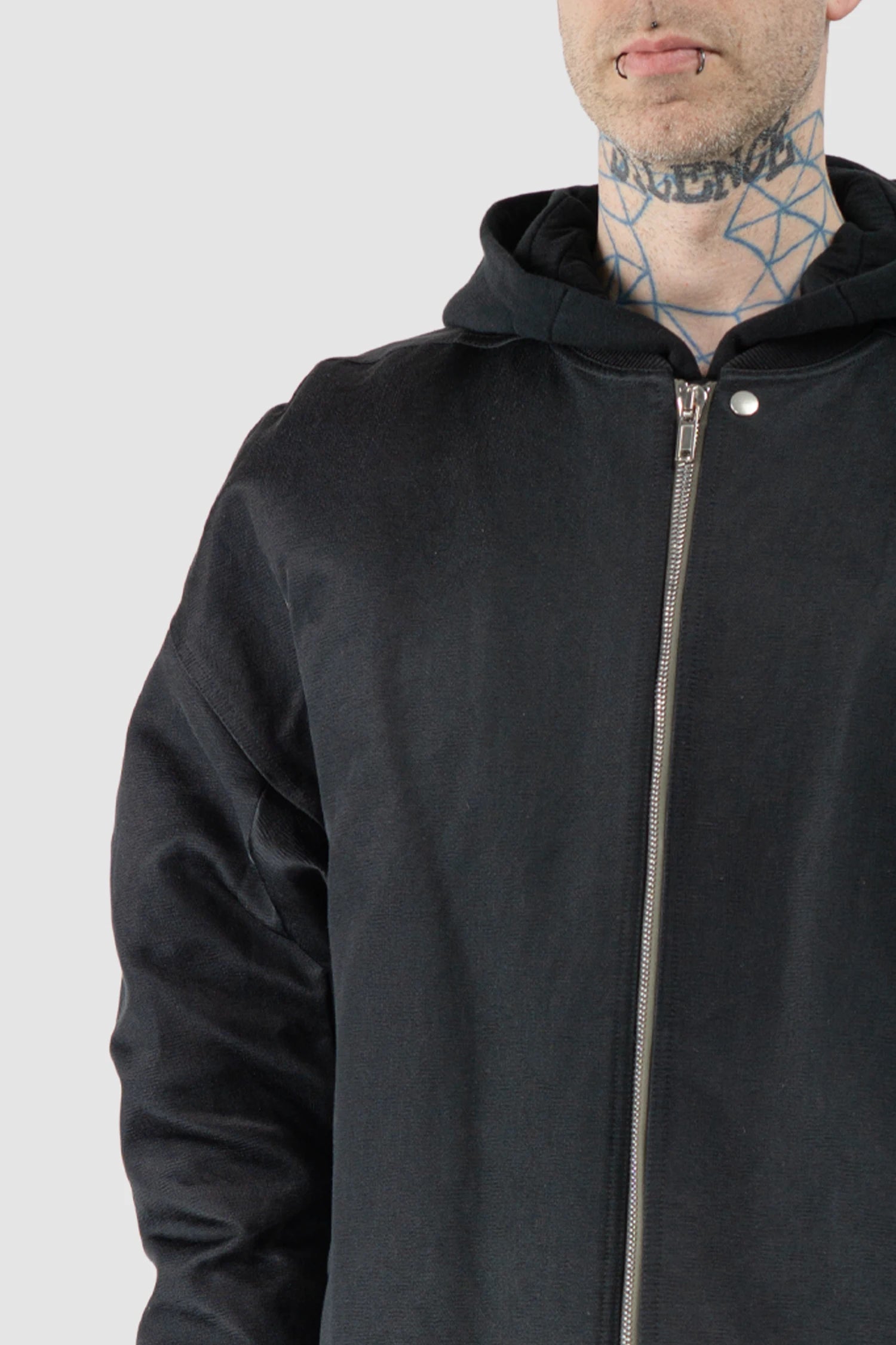 Rick Owens - Black Down Padded Jumbo Peter Flight Bomber Jacket FW22 "Strobe" - front detail view Rick Owens - Black Down Padded Jumbo Peter Flight Bomber Jacket FW22 "Strobe" - front detail view