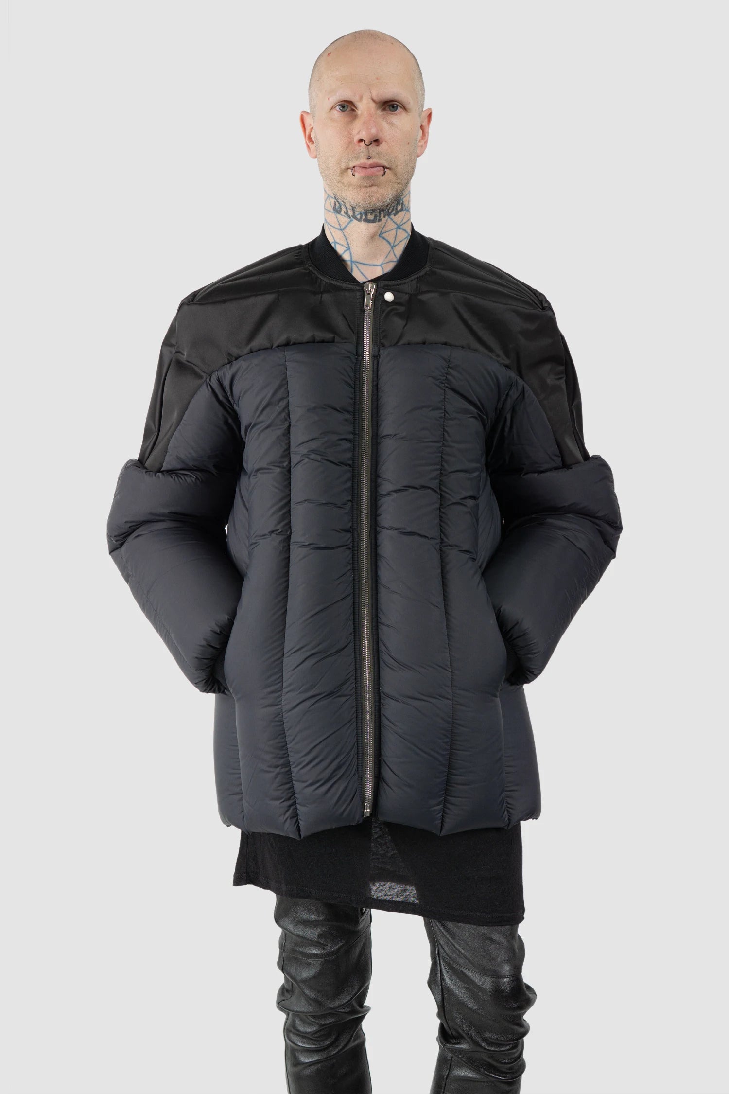 Rick Owens - Black Padded Shoulder Geth Bomber Down Jacket FW21 "Gethsemane" - model relaxed view Rick Owens - Black Padded Shoulder Geth Bomber Down Jacket FW21 "Gethsemane" - model relaxed view