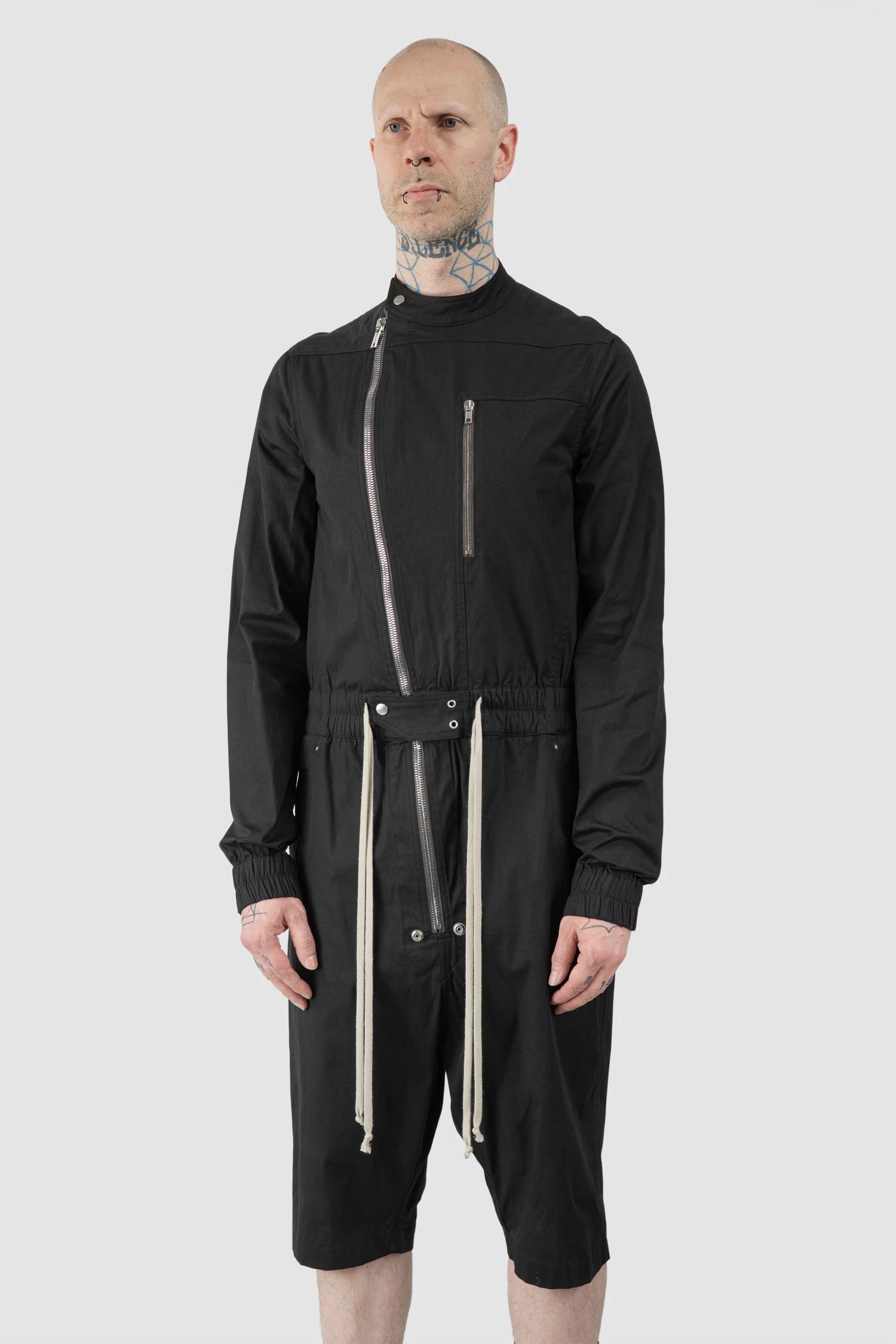 Rick Owens - Black Short Gary Flightsuit SS21 "Phlegeton" - model front side view Rick Owens - Black Short Gary Flightsuit SS21 "Phlegeton" - model front side view