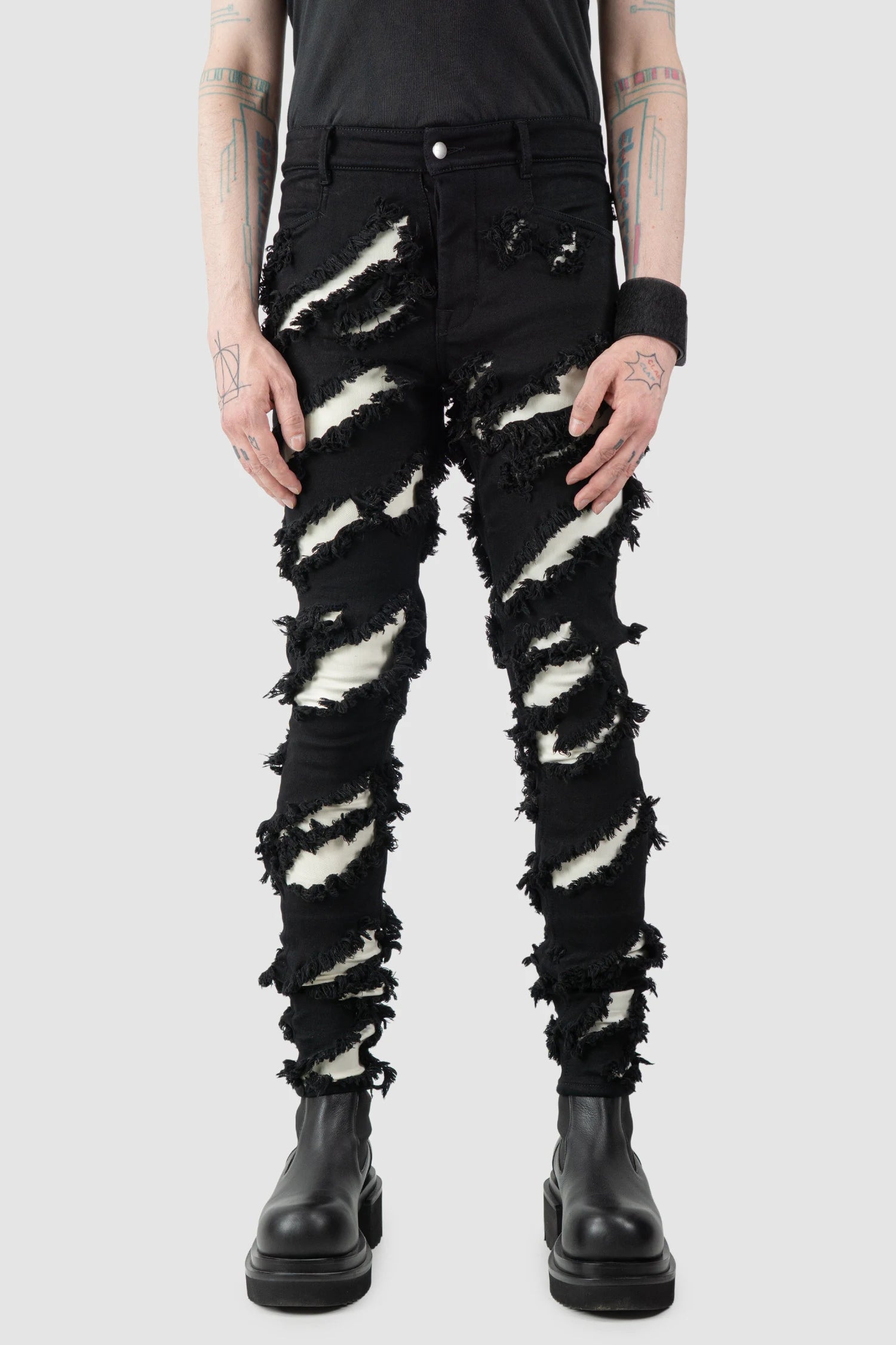 Rick Owens - Black & White Slash Tyrone Jeans FW21 "Gethsemane" - model front view Rick Owens - Black & White Slash Tyrone Jeans FW21 "Gethsemane" - model front view
