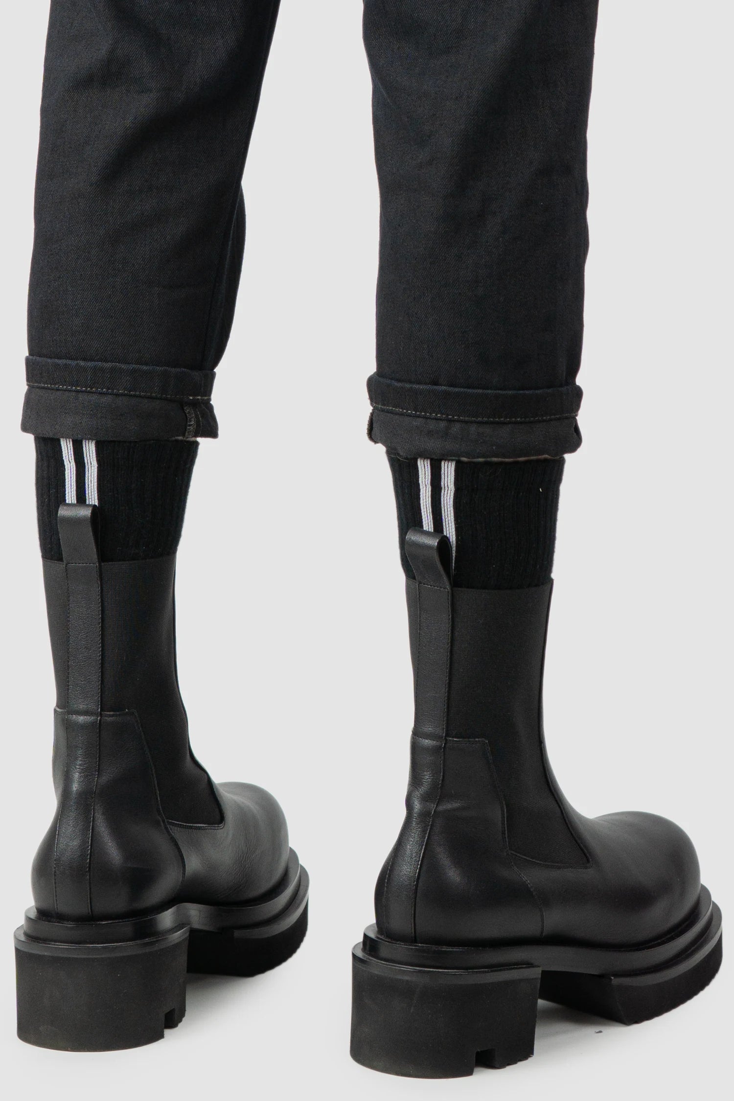 Rick Owens DRKSHDW - Black Calf Leather Patch Cropped Denim Jeans "Archive" - hem view Rick Owens DRKSHDW - Black Calf Leather Patch Cropped Denim Jeans "Archive" - hem view