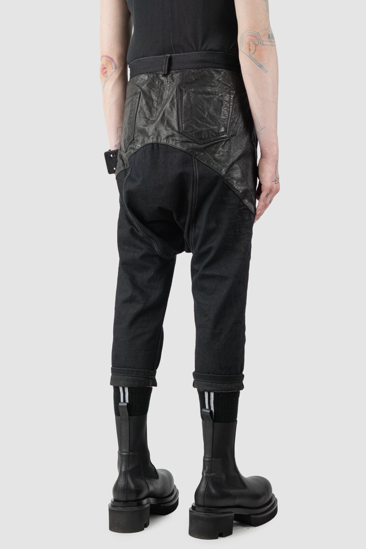 Rick Owens DRKSHDW - Black Calf Leather Patch Cropped Denim Jeans "Archive" - model back view Rick Owens DRKSHDW - Black Calf Leather Patch Cropped Denim Jeans "Archive" - model back view