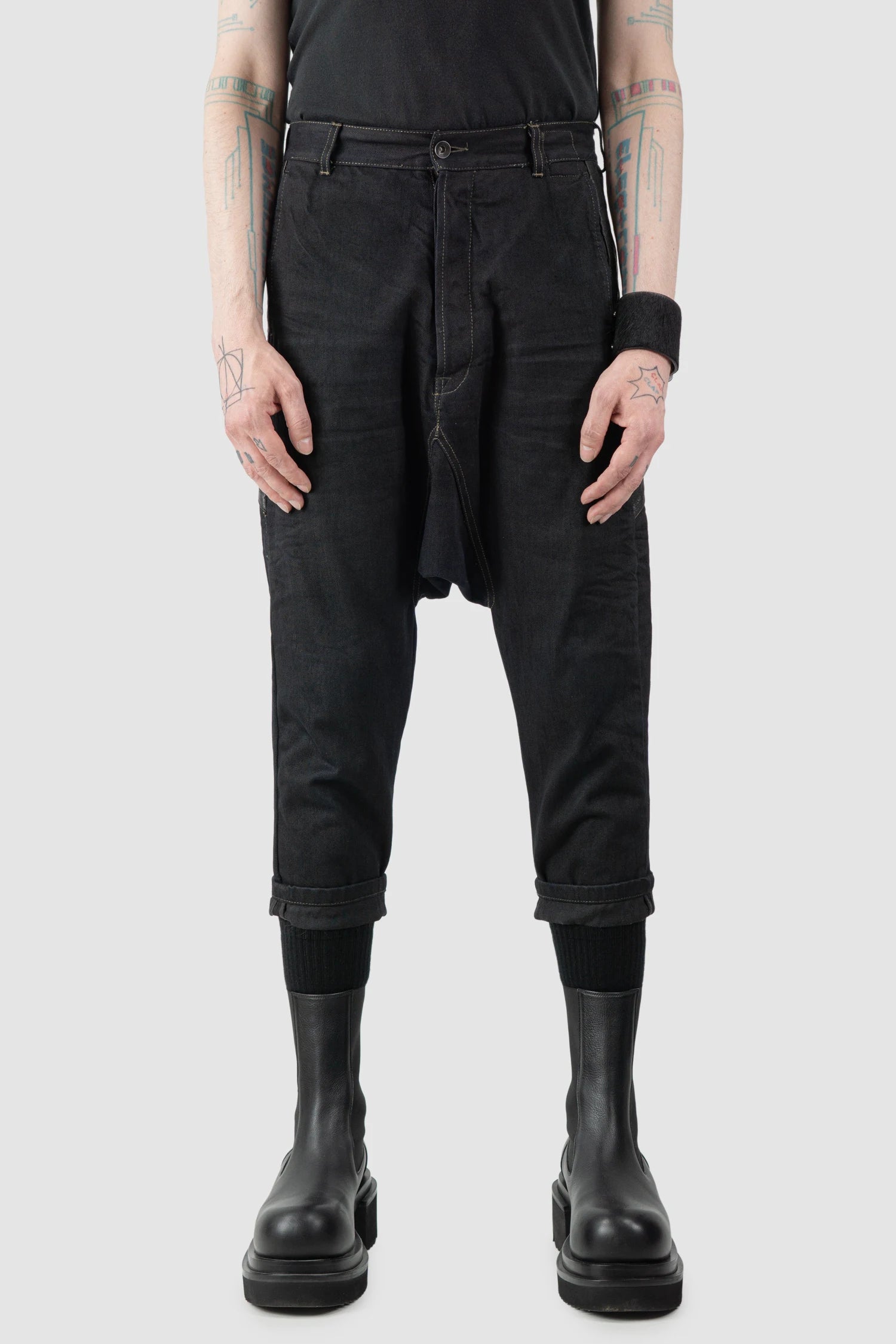 Rick Owens DRKSHDW - Black Calf Leather Patch Cropped Denim Jeans "Archive" - model front view Rick Owens DRKSHDW - Black Calf Leather Patch Cropped Denim Jeans "Archive" - model front view
