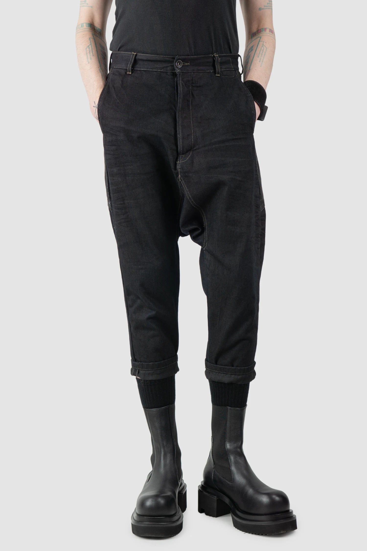 Rick Owens DRKSHDW - Black Calf Leather Patch Cropped Denim Jeans "Archive" - model relaxed view Rick Owens DRKSHDW - Black Calf Leather Patch Cropped Denim Jeans "Archive" - model relaxed view