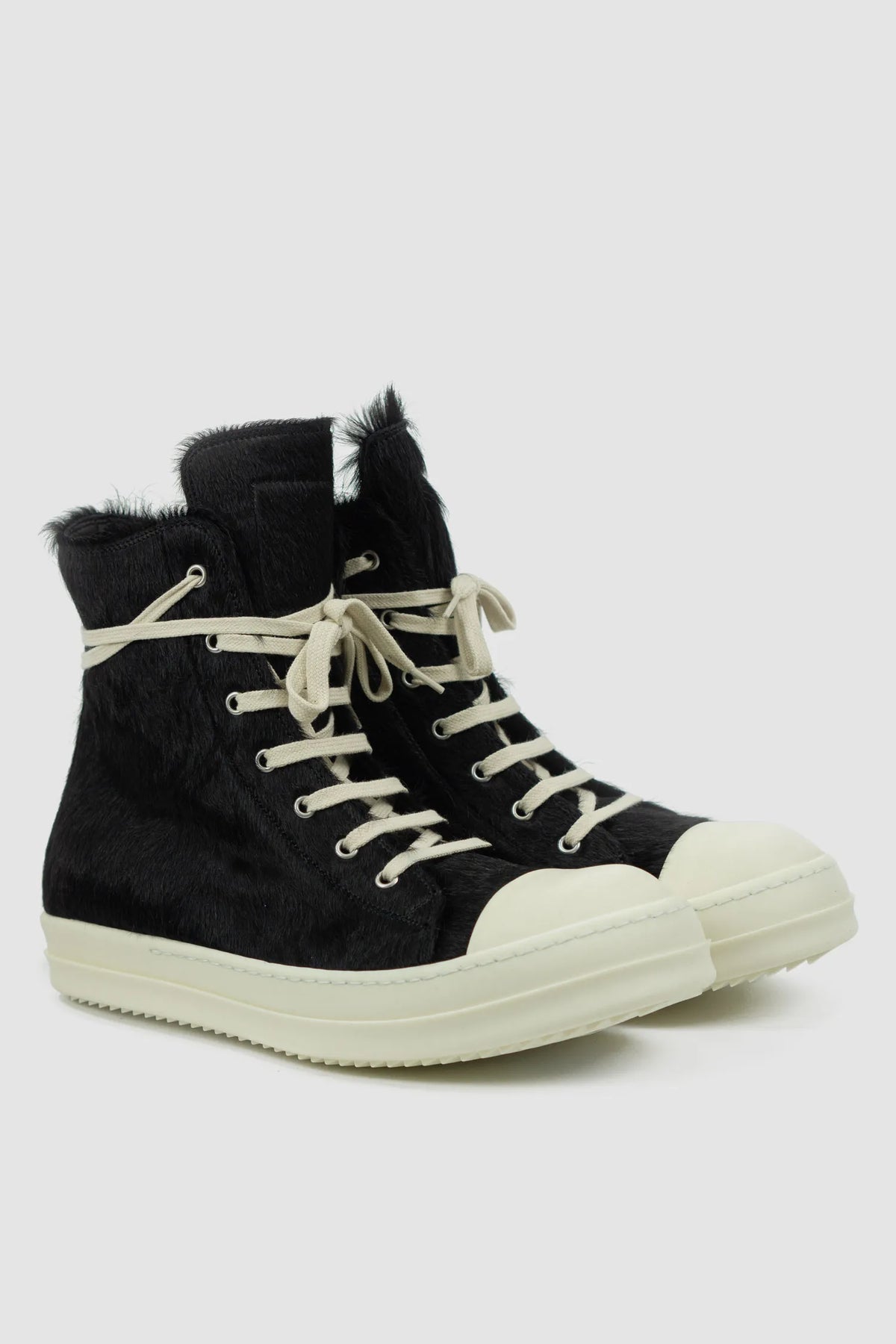 Rick Owens - Men's Fur Black Leather Ramones Sneaker - Pair front right view - MONO-KROM | Gallery Rick Owens - Men's Fur Black Leather Ramones Sneaker - Pair front right view - MONO-KROM | Gallery