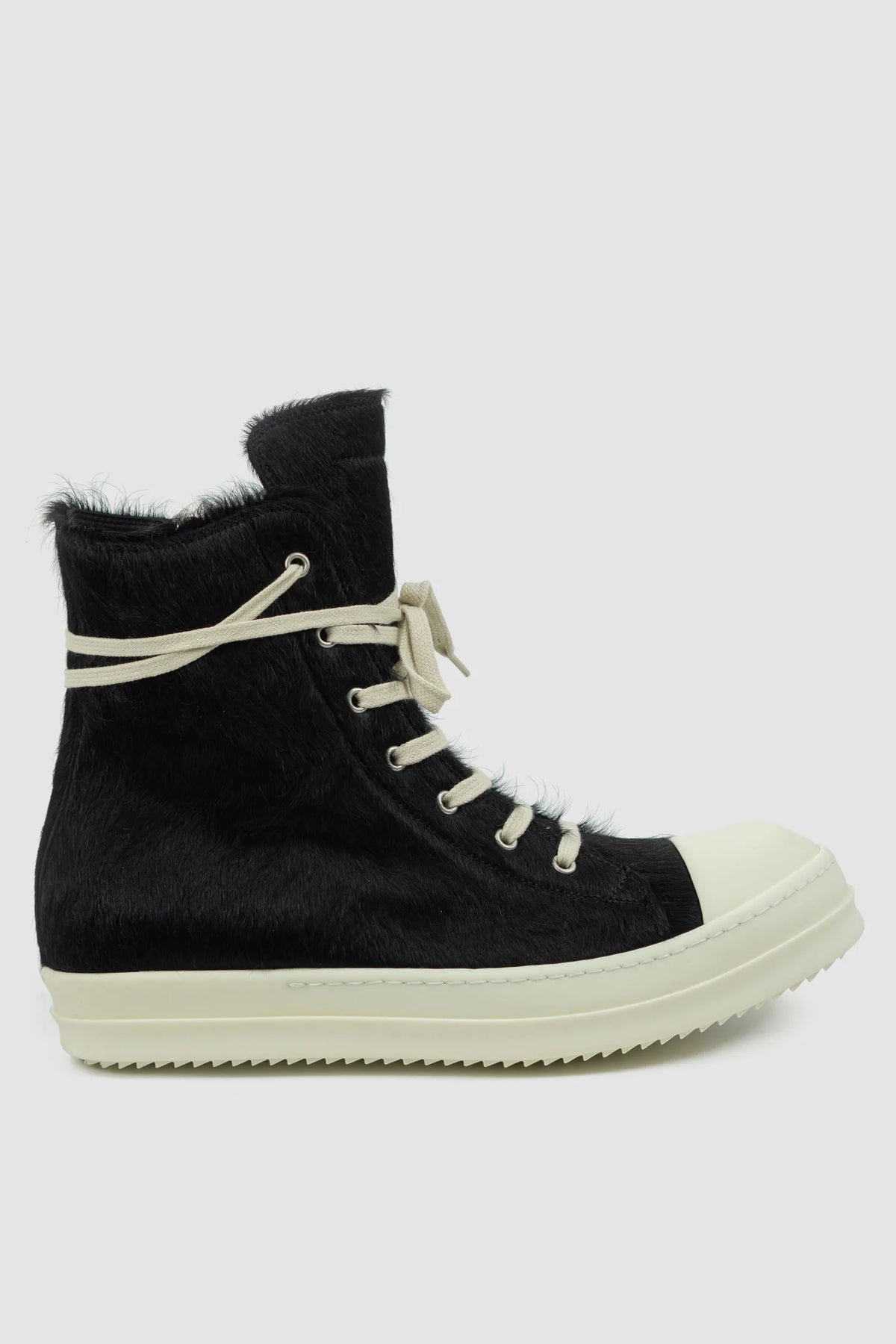 Rick Owens - Men's Fur Black Leather Ramones Sneaker - left inside view Rick Owens - Men's Fur Black Leather Ramones Sneaker - left inside view
