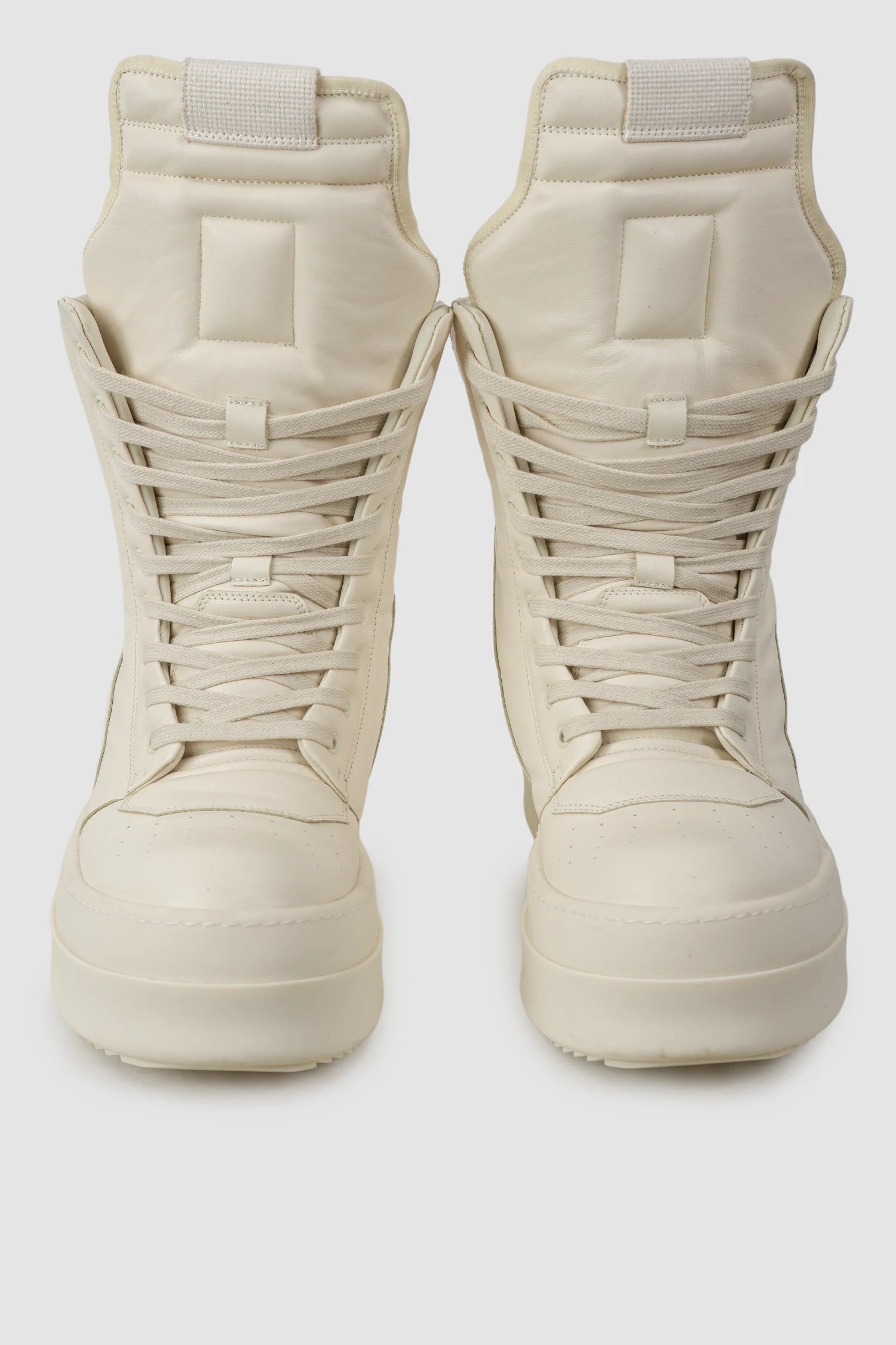Rick Owens - Milk Mega Geobasket Sneakers FW24 "Porterville" - front view Rick Owens - Milk Mega Geobasket Sneakers FW24 "Porterville" - front view