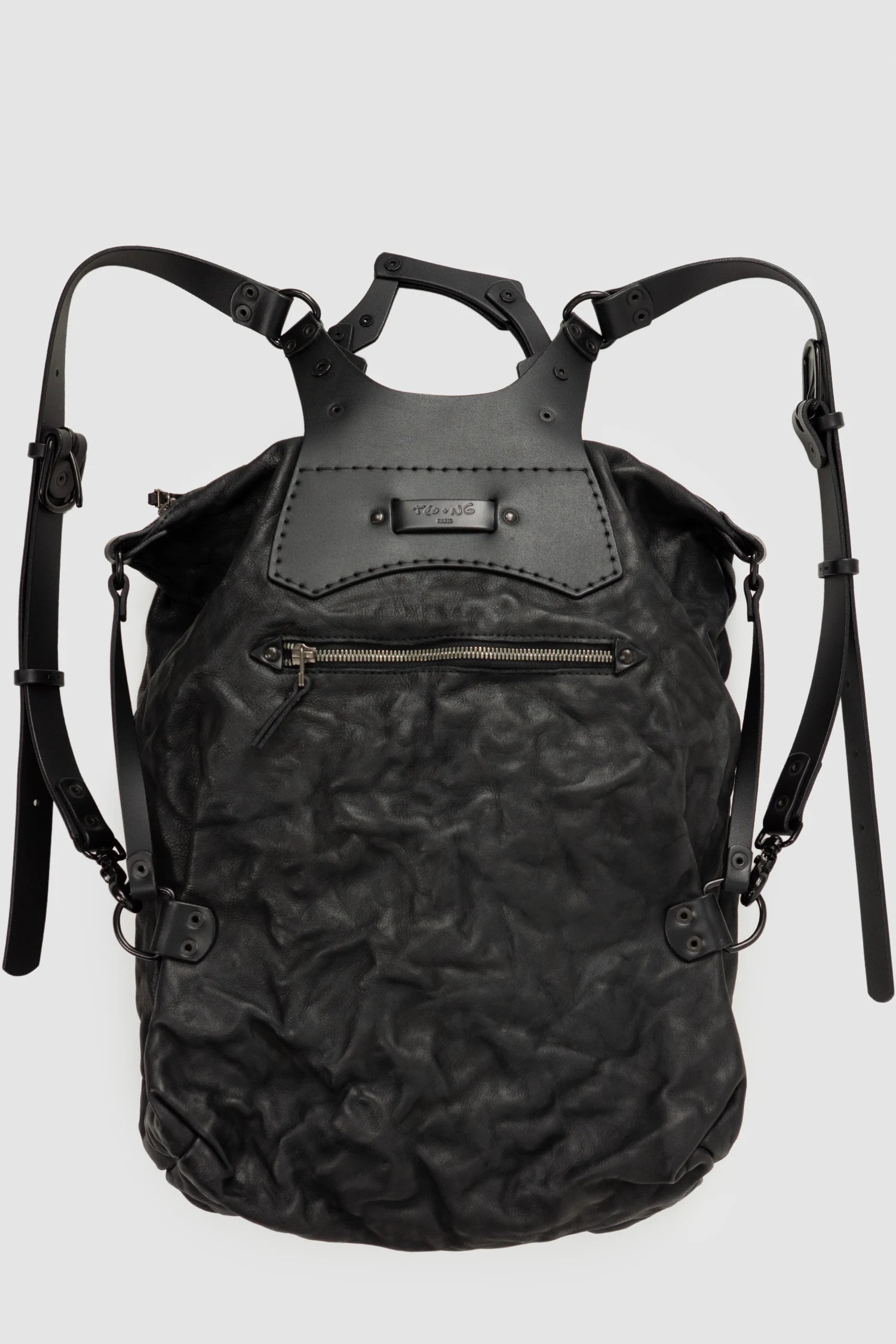 TEO NG - NIKS - item back view of men’s Black Crinkled Leather Backpack