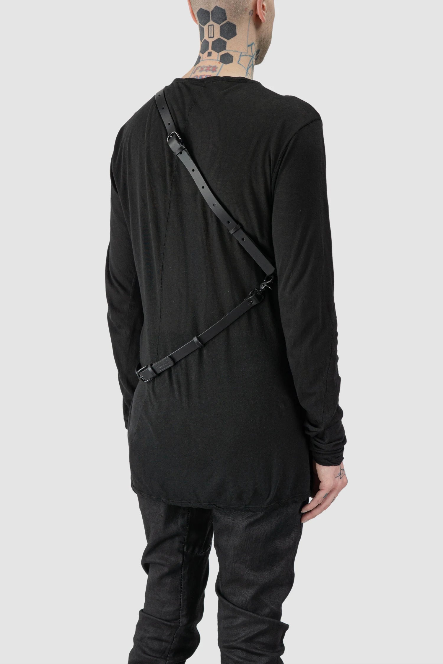 TEO NG - ENYO - model back view of men’s Black Harness Crossbody Leather Bag