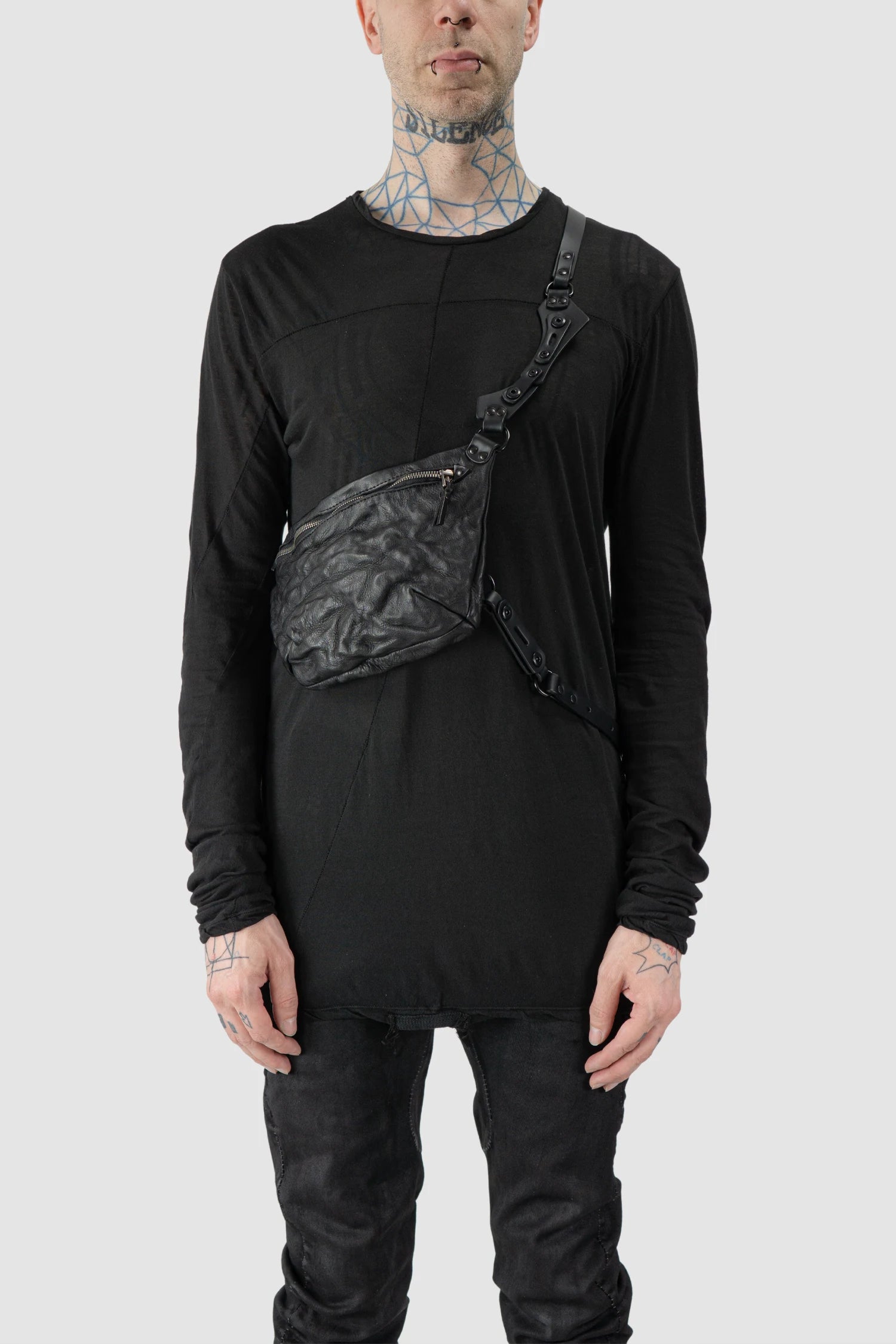 TEO NG - ENYO - model front view of men’s Black Harness Crossbody Leather Bag