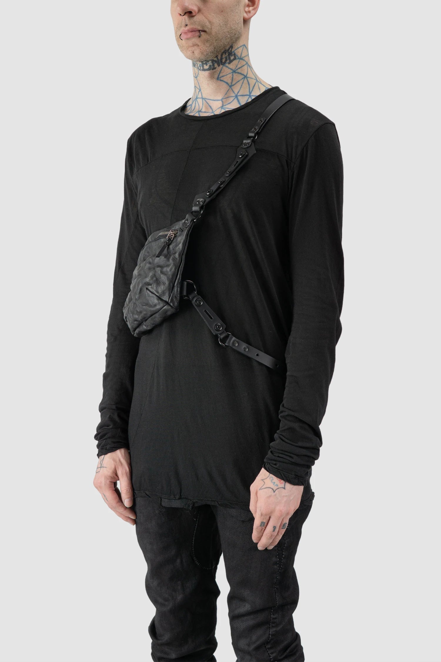 TEO NG - ENYO - model front side view of men’s Black Harness Crossbody Leather Bag
