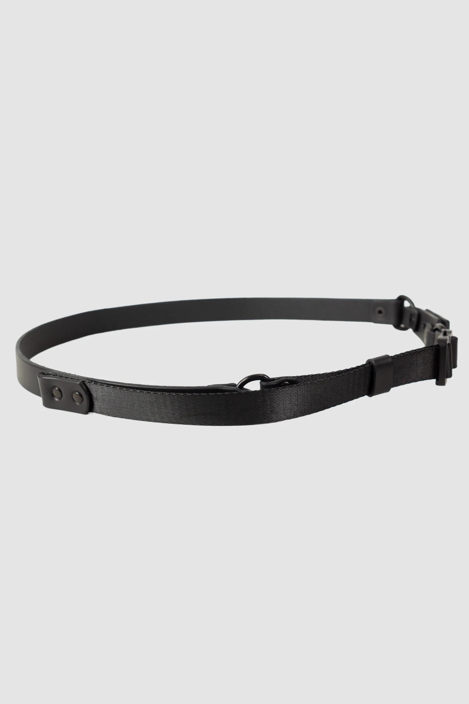 TEO NG - MEI - item side detail view of men’s Black Leather Belt with Adjustable Nylon Strap