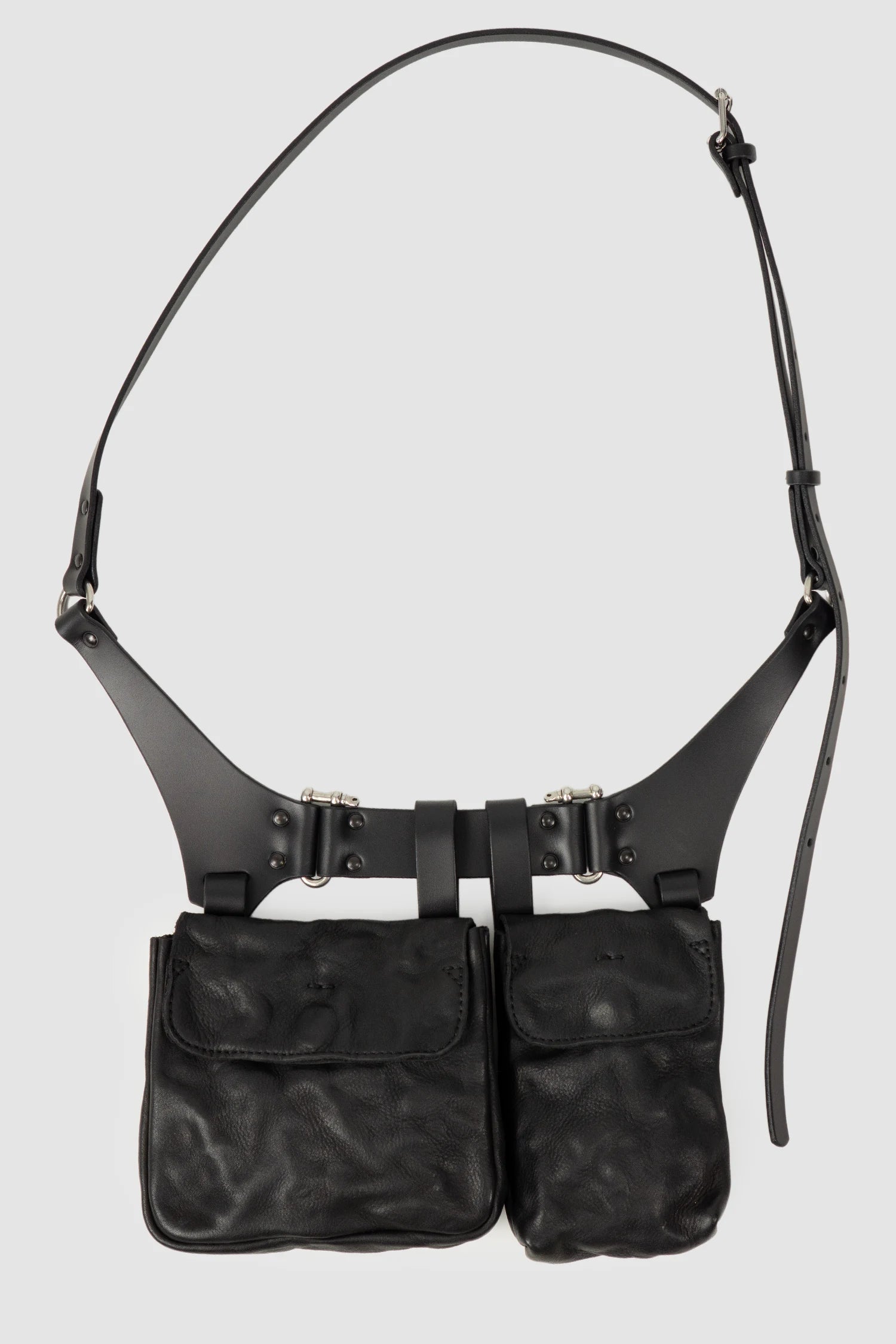TEO NG - MOO - item front view of men’s Black Leather Crossbody Double Pouch Bag