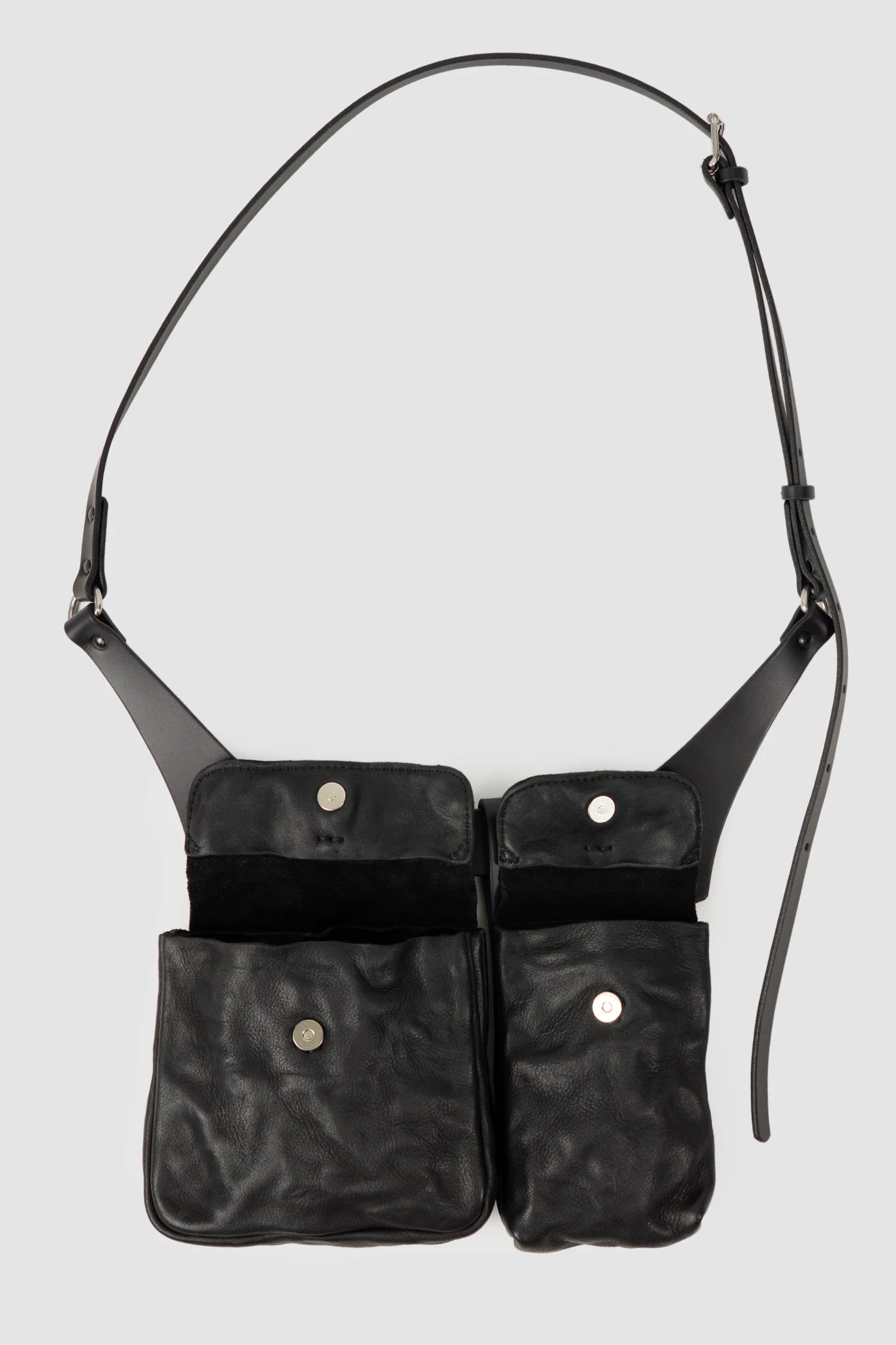 TEO NG - MOO - item open view of men’s Black Leather Crossbody Double Pouch Bag