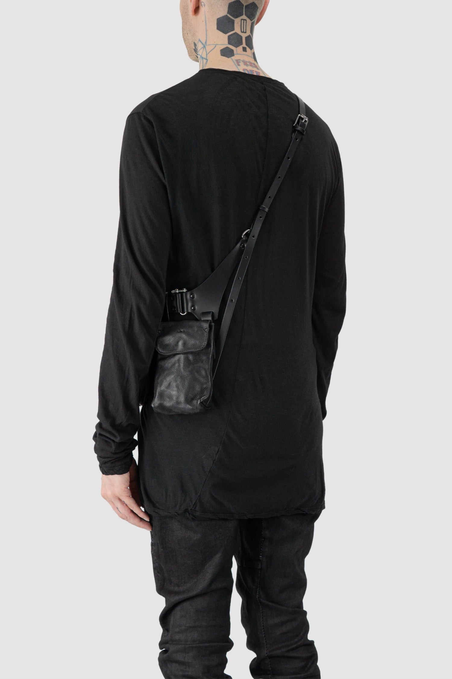 TEO NG - MOO - model back view of men’s Black Leather Crossbody Double Pouch Bag