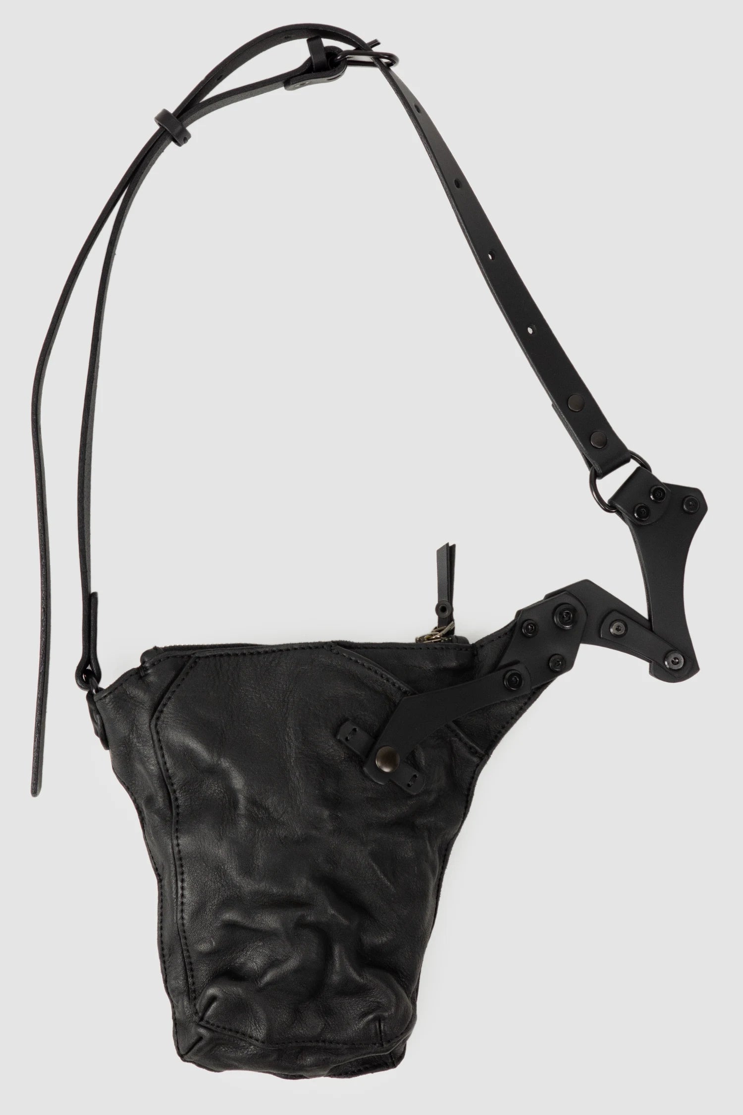 TEO NG - ESYE - item front detail view of men’s Black Leather Crossbody Pouch with Zipper