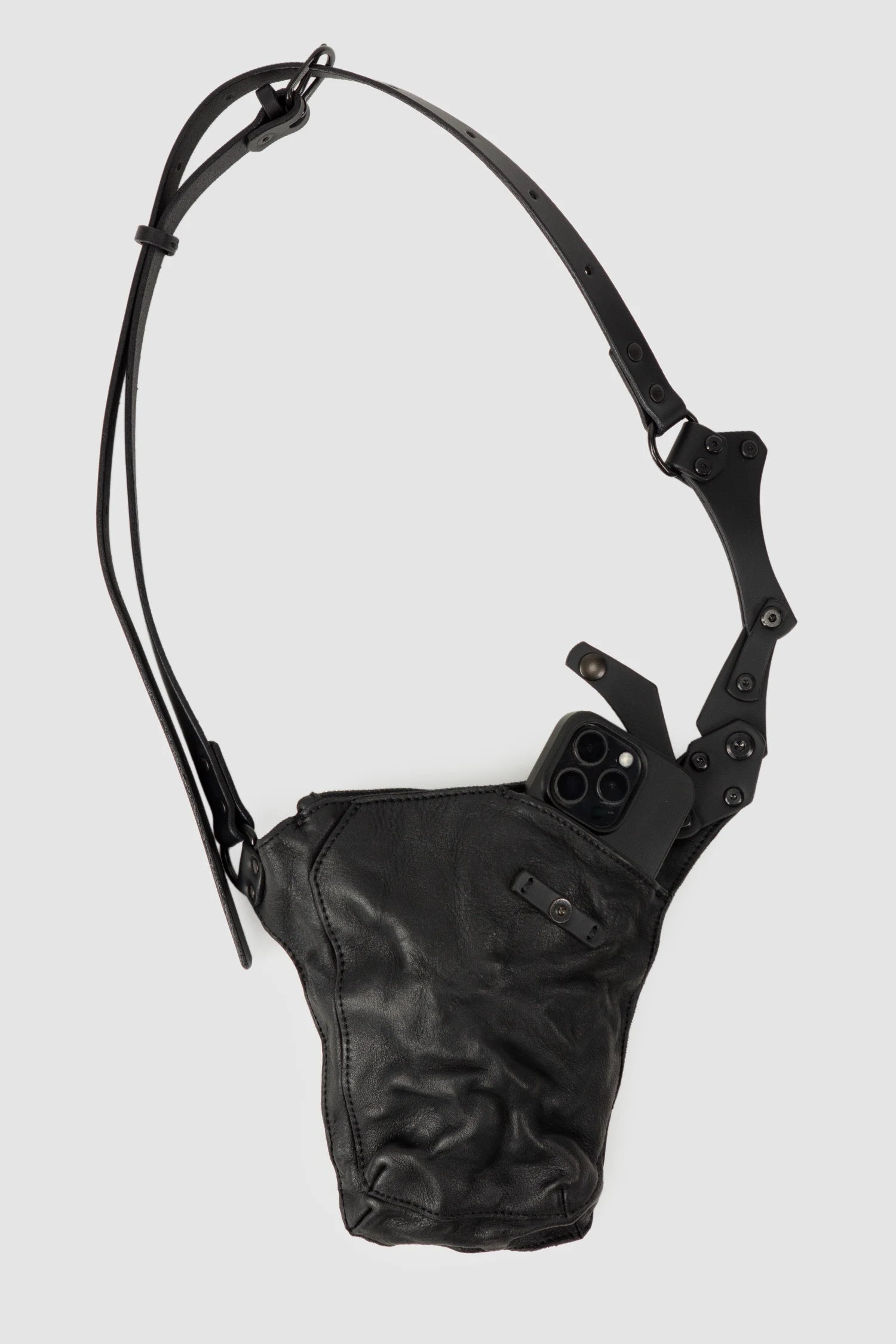TEO NG - ESYE - item pocket detail view of men’s Black Leather Crossbody Pouch with Zipper