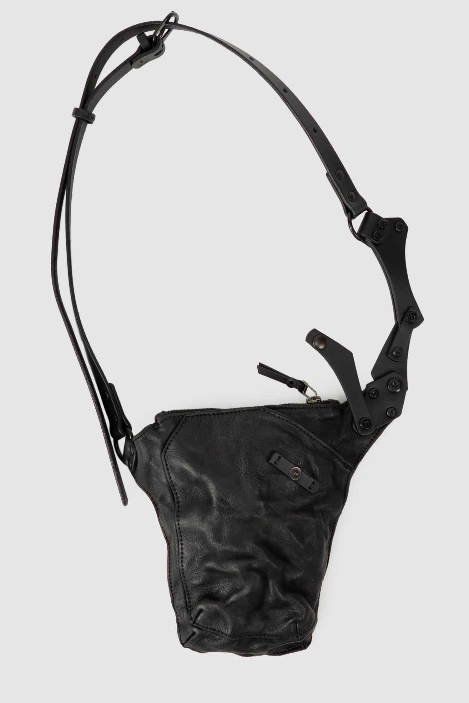 TEO NG - ESYE - item pocket open view of men’s Black Leather Crossbody Pouch with Zipper