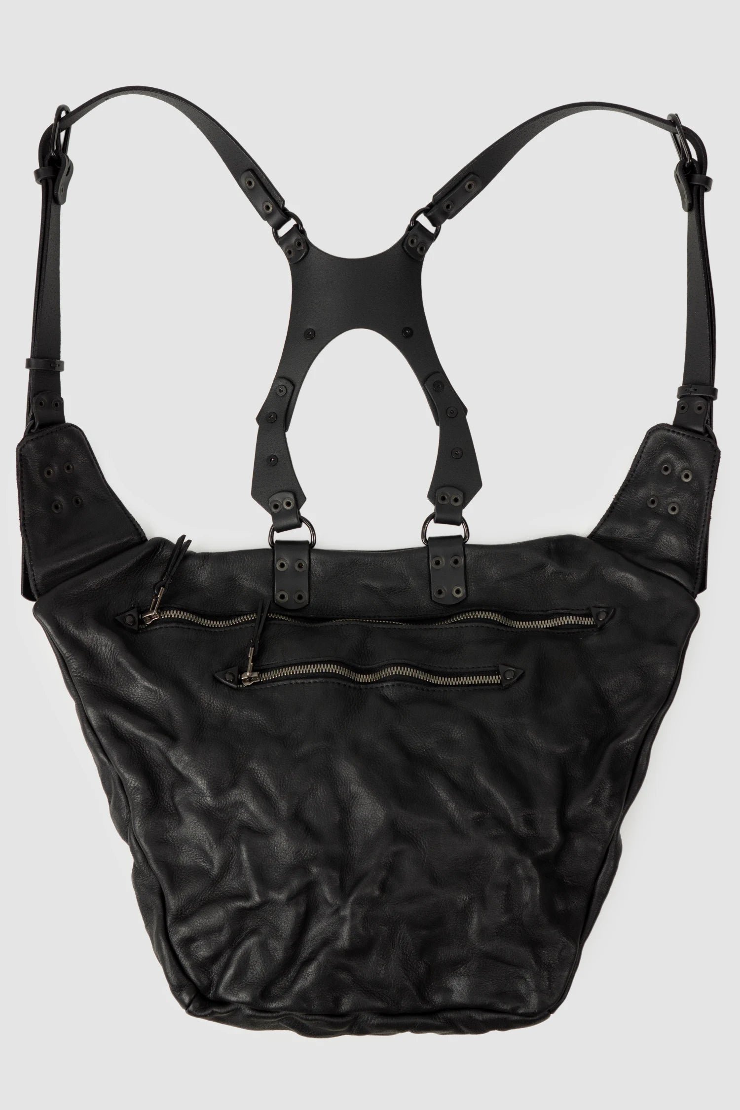 TEO NG - UKA - item back view of men’s Black Leather Harness Backpack with Dual Zipper Pockets